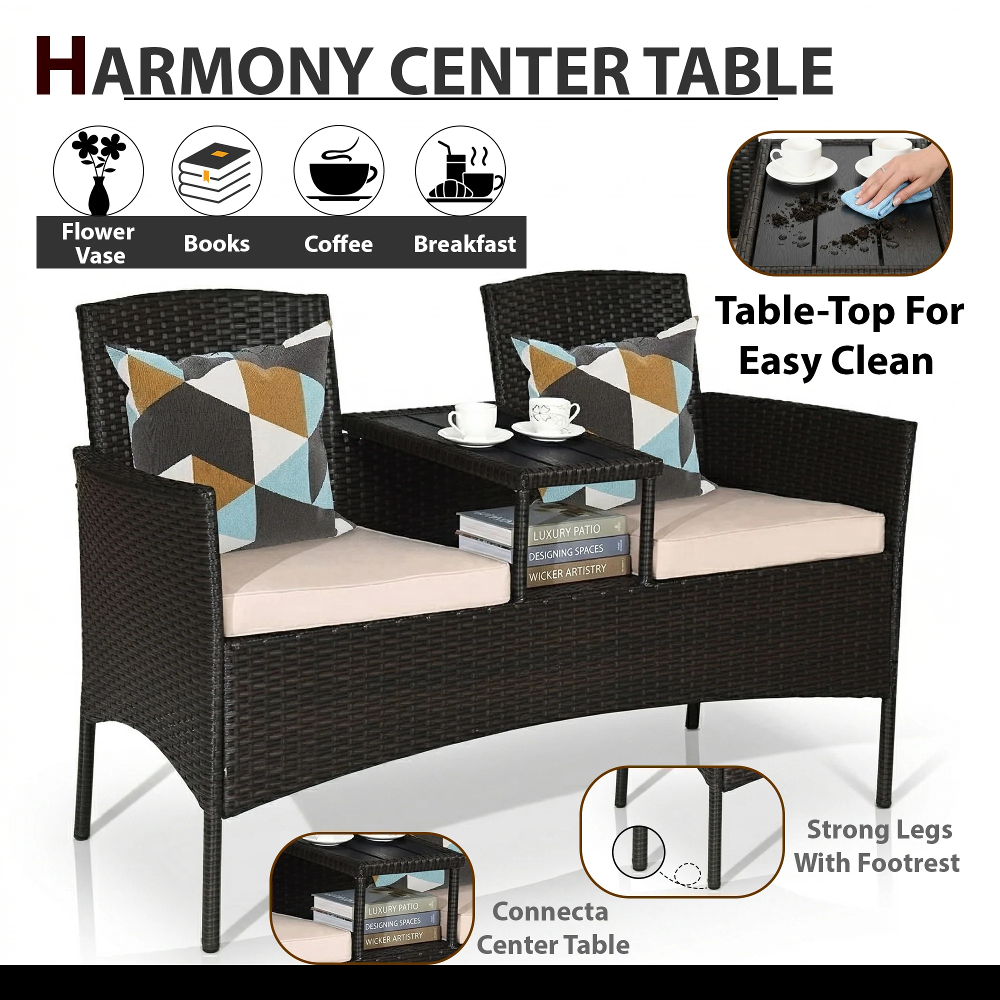 Dreamline Outdoor Furniture Garden Patio Seating Set of 2 Attached Chairs and Table Set Balcony Furniture Coffee Table Set(Black) - Image 5