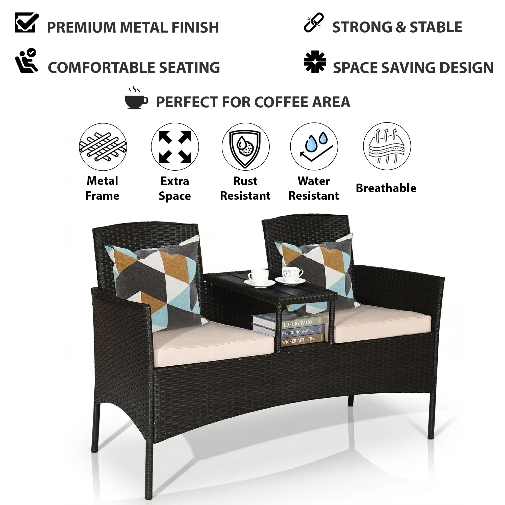 Dreamline Outdoor Furniture Garden Patio Seating Set of 2 Attached Chairs and Table Set Balcony Furniture Coffee Table Set(Black) - Image 6