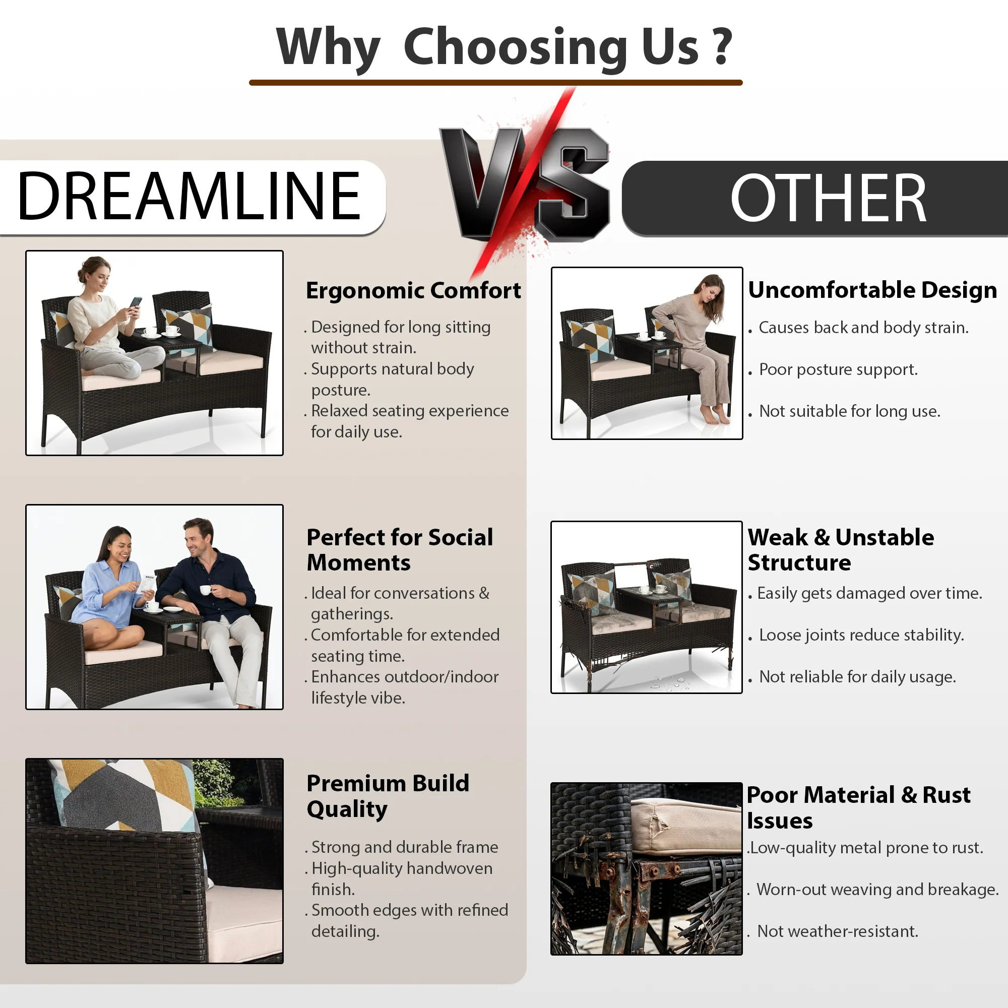 Dreamline Outdoor Furniture Garden Patio Seating Set of 2 Attached Chairs and Table Set Balcony Furniture Coffee Table Set(Black) - Image 8