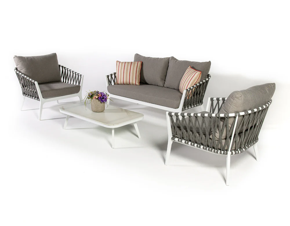 Mazzanti Outdoor Sofa Set 2 Seater , 2 Single seater and 1 Center Table (White + Brown) Braided & Rope