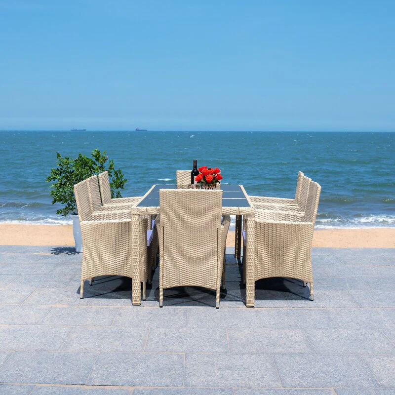 Moze Outdoor Patio Dining Set 8 Chairs and 1 Table (Beige) - Image 3