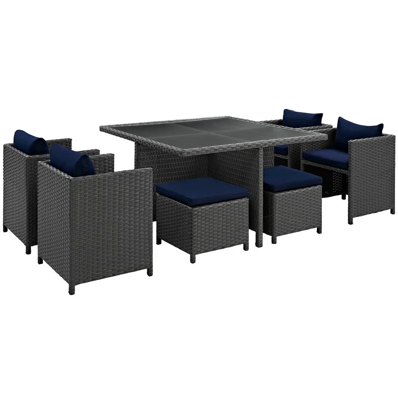Teodoro Outdoor Patio Dining Set 4 Chairs, 4 Ottoman and 1 Table (Grey) - Image 4