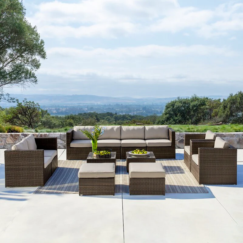 Olivier Outdoor Sofa Set 4 Seater ,2 Seater, 2 Single Seater and 2 Center Table with 2 Ottoman Set (Brown +Cream) - Image 2