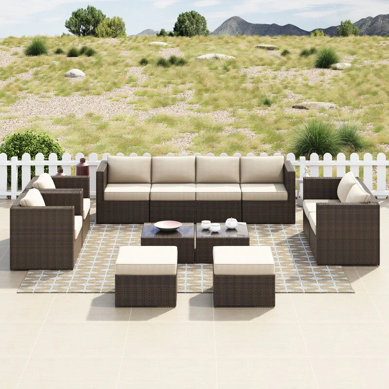 Olivier Outdoor Sofa Set 4 Seater ,2 Seater, 2 Single Seater and 2 Center Table with 2 Ottoman Set (Brown +Cream) - Image 3