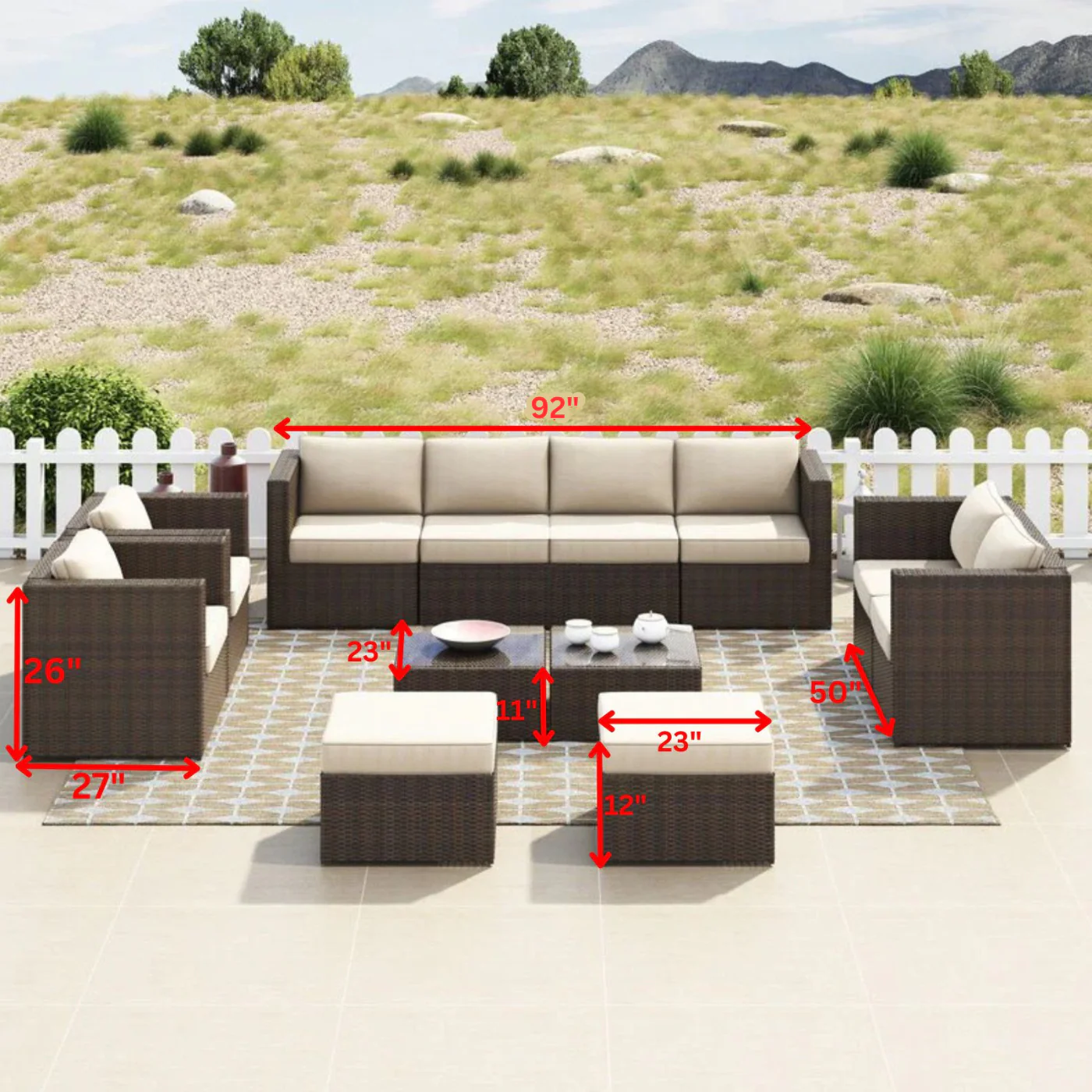 Olivier Outdoor Sofa Set 4 Seater ,2 Seater, 2 Single Seater and 2 Center Table with 2 Ottoman Set (Brown +Cream) - Image 4