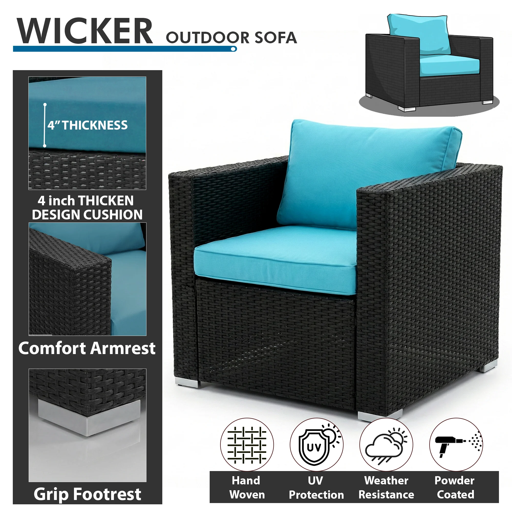 Elesta Outdoor Garden Balcony Sofa Set 4 Seater, 2 Single Seater with 2 ottoman and 1 Center Table Set (Black) - Image 5