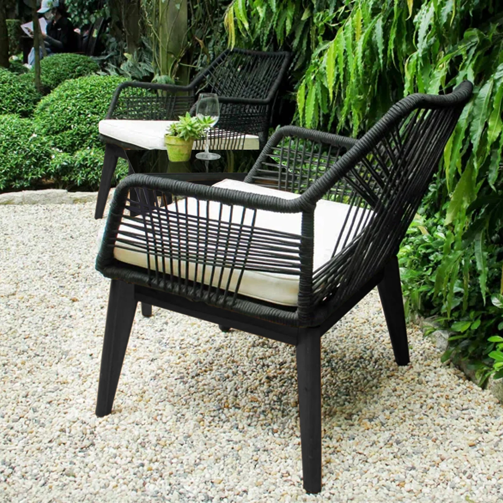 Elicia Outdoor Patio Seating Set 2 Chairs and 1 Table Set (Black) Braided & Rope - Image 2