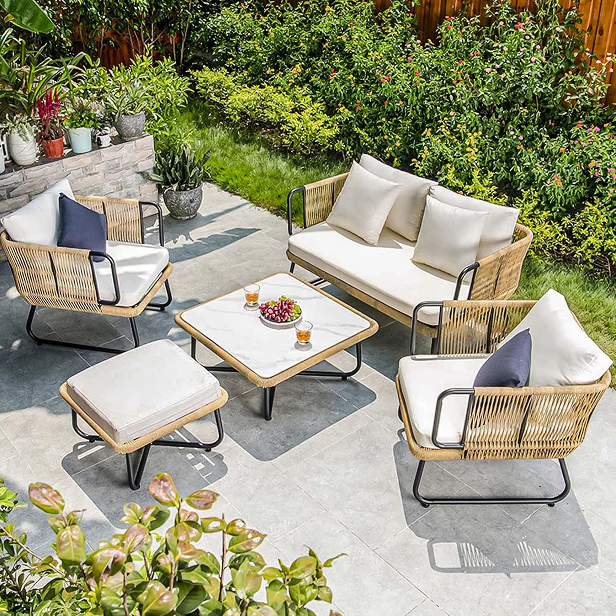 Elix Outdoor Sofa Set 2 Seater, 2 Single seater and 1 Center Table with ottoman (Beige) Braided & Rope - Image 2