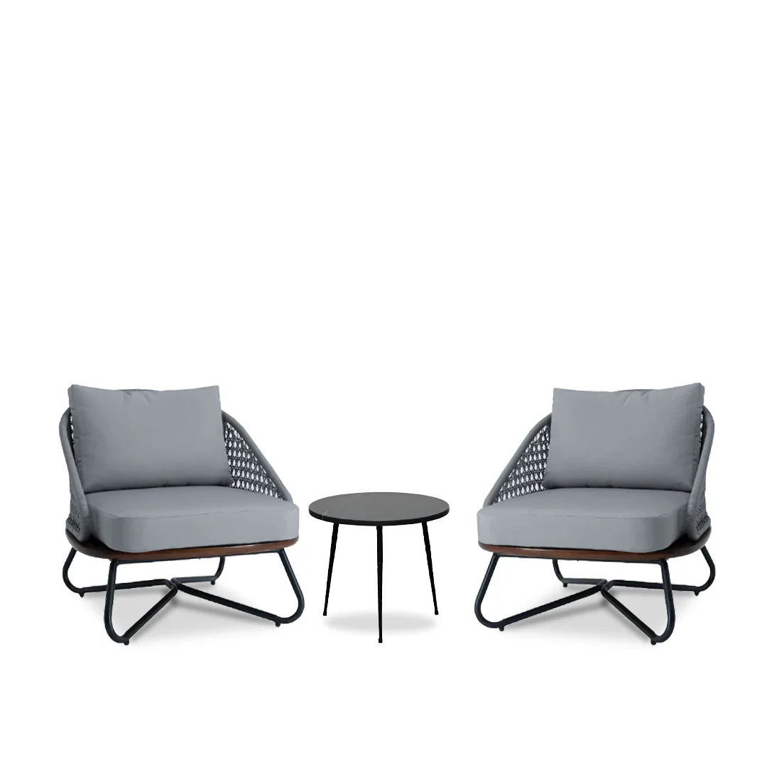 Elodia Outdoor Patio Seating Set 2 Chairs and 1 Table Set (Grey) Braided And Rope - Image 4