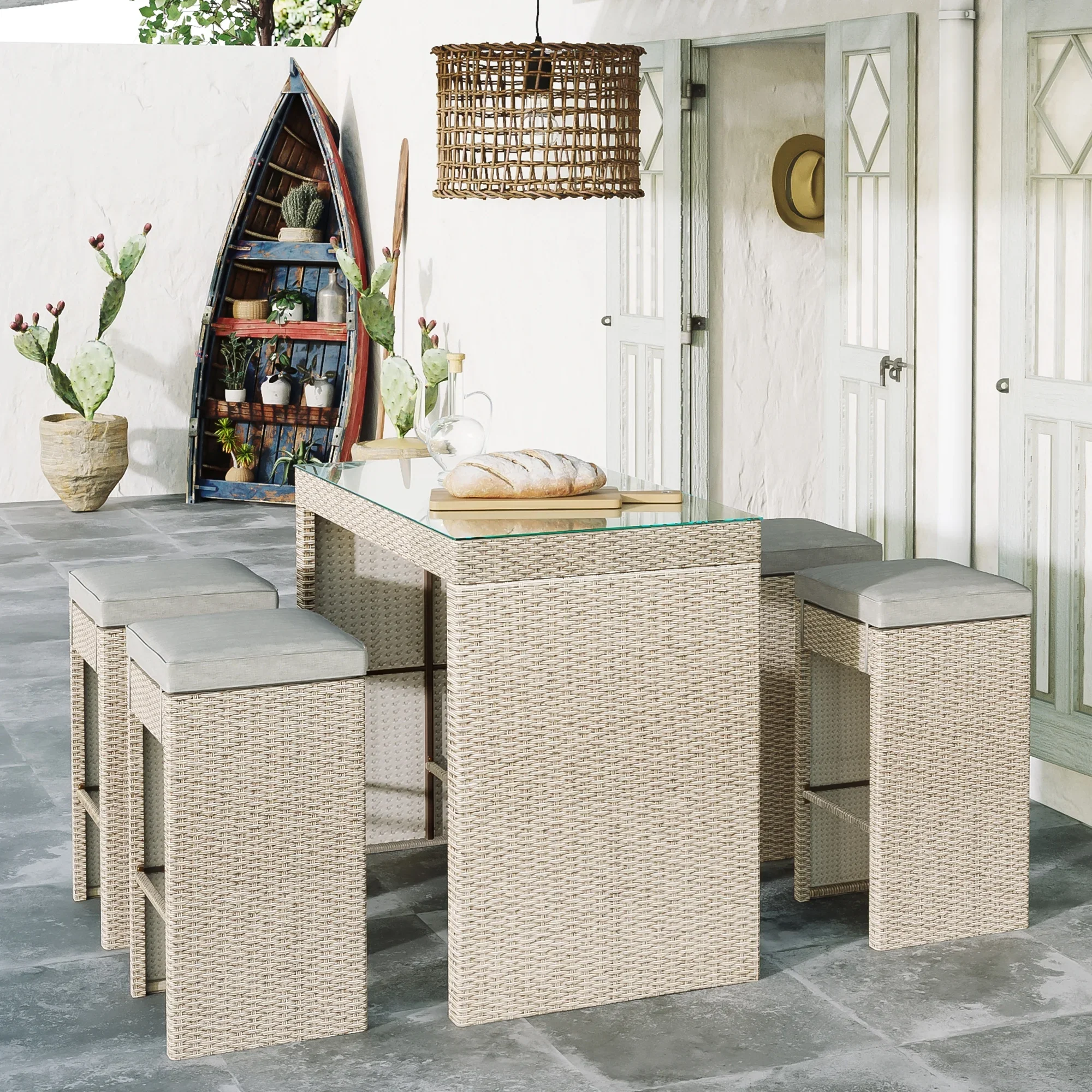 Elvan Outdoor Bar Sets 4 Stool and 1 Table Patio Bar Set (Cream)
