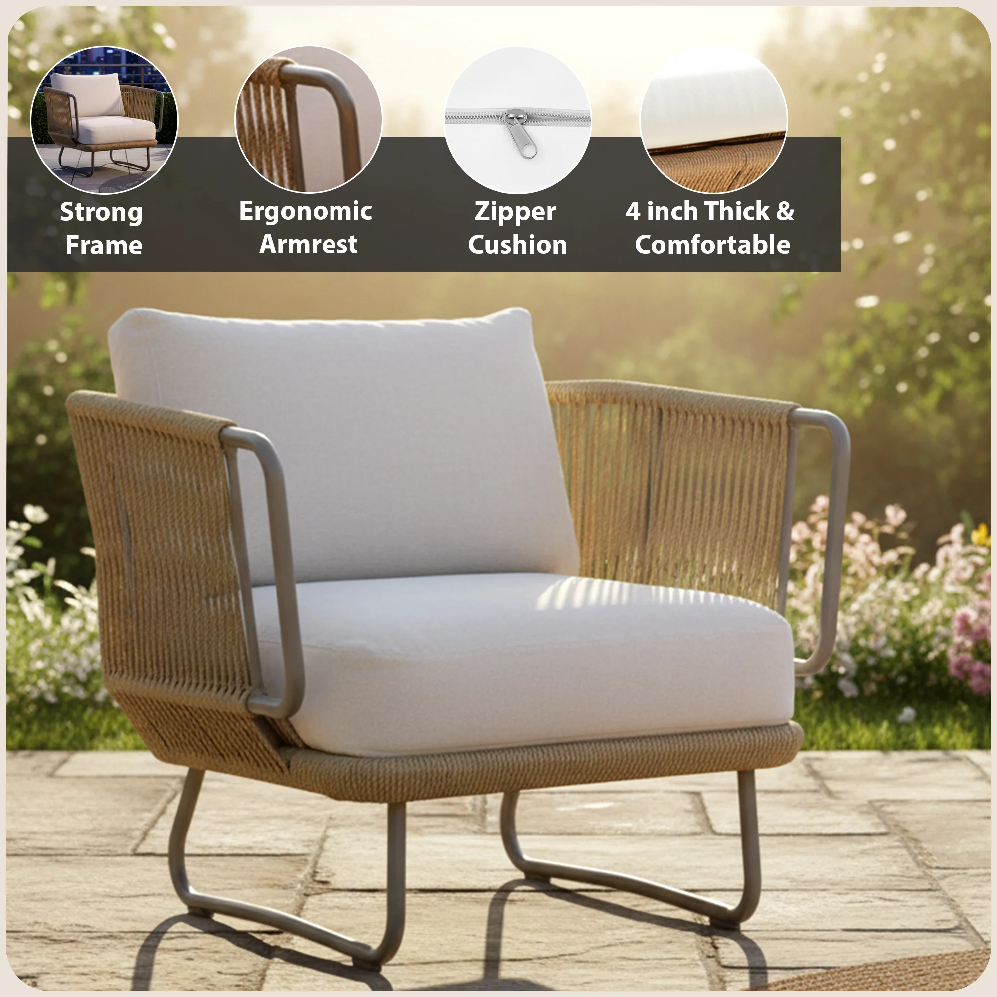 Kenly Outdoor Sofa Set 2 Seater, 2 Single seater and 1 Center Table with ottoman (Beige) Braided & Rope - Image 5