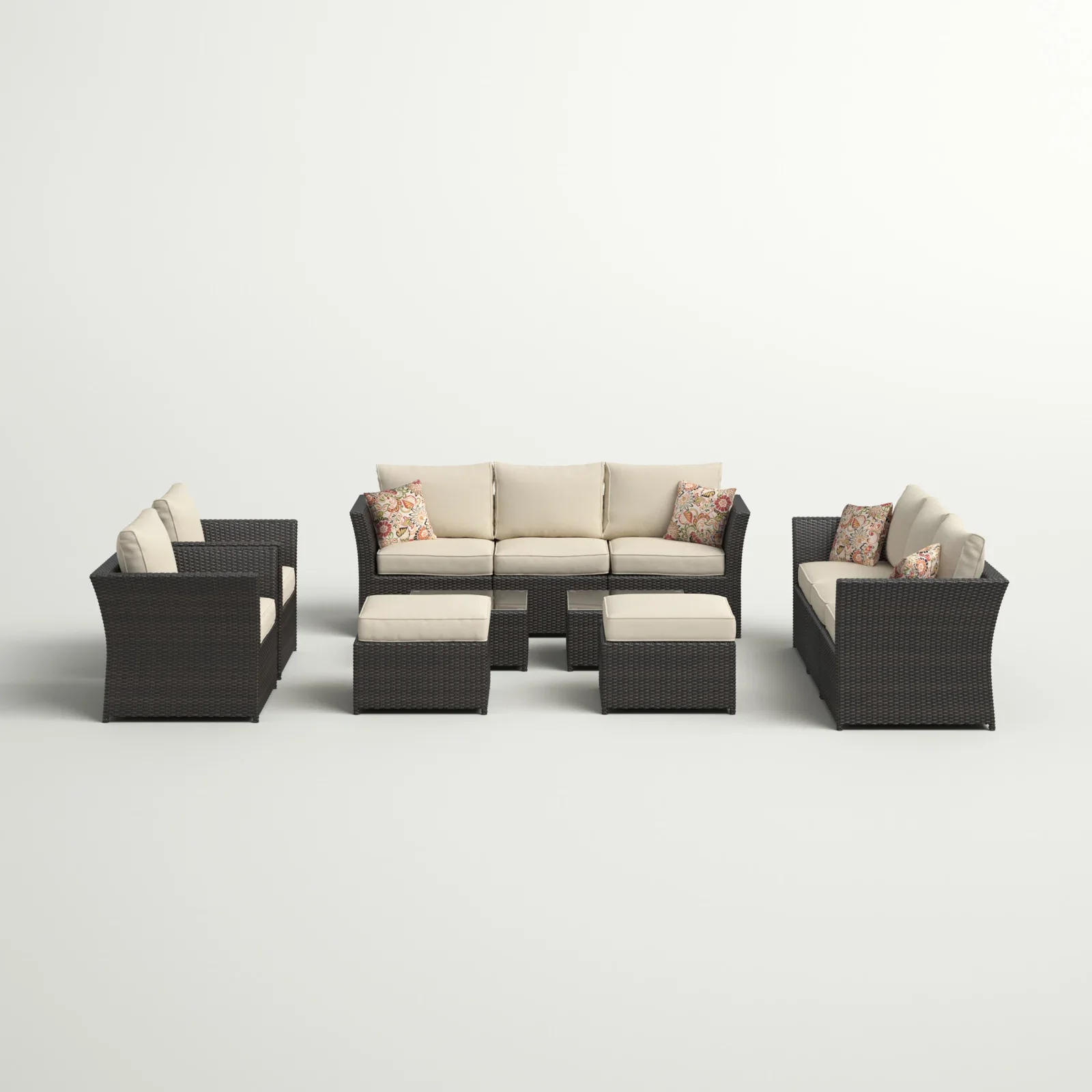 Enorson Outdoor Garden Balcony Sofa Set 2 Three Seater, 2 Single Seater With 2 Ottoman and 2 Center Table Set (Brown) - Image 2