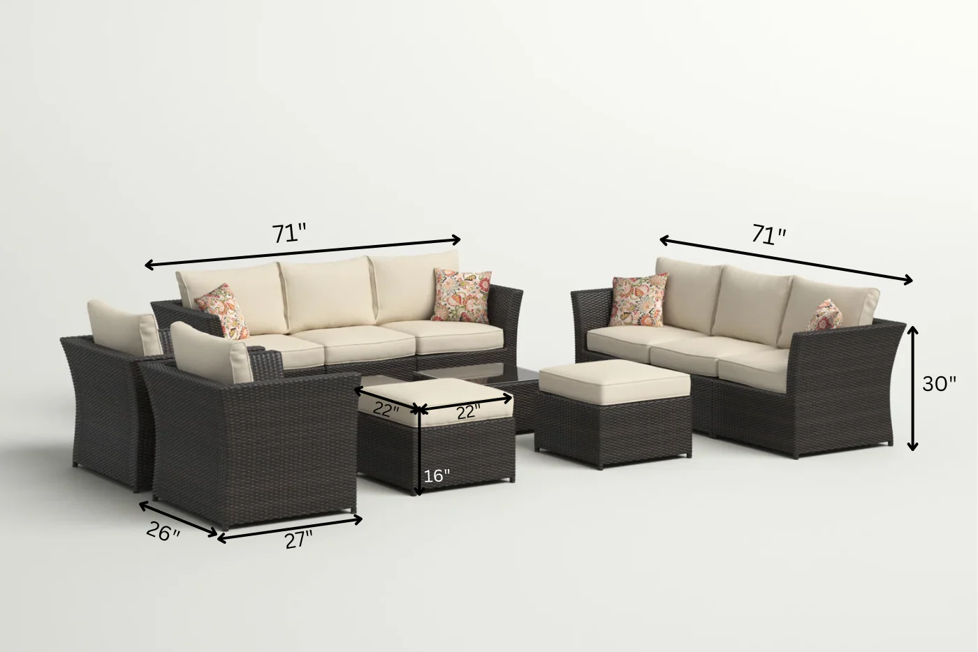 Enorson Outdoor Garden Balcony Sofa Set 2 Three Seater, 2 Single Seater With 2 Ottoman and 2 Center Table Set (Brown) - Image 9