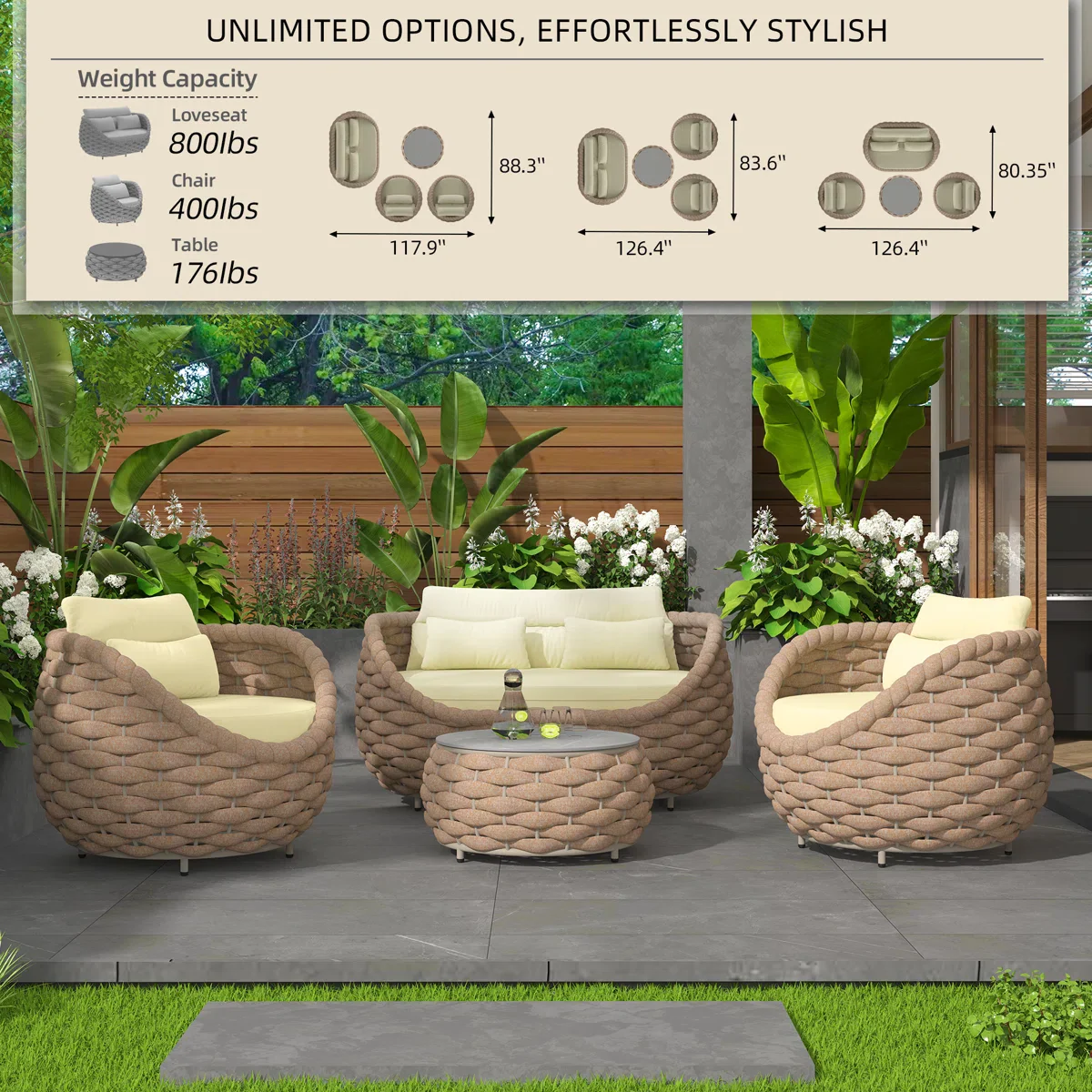 Equo Outdoor Sofa Set 2 Seater, 2 Single seater and 1 Center Table Braided & Rope - Image 4