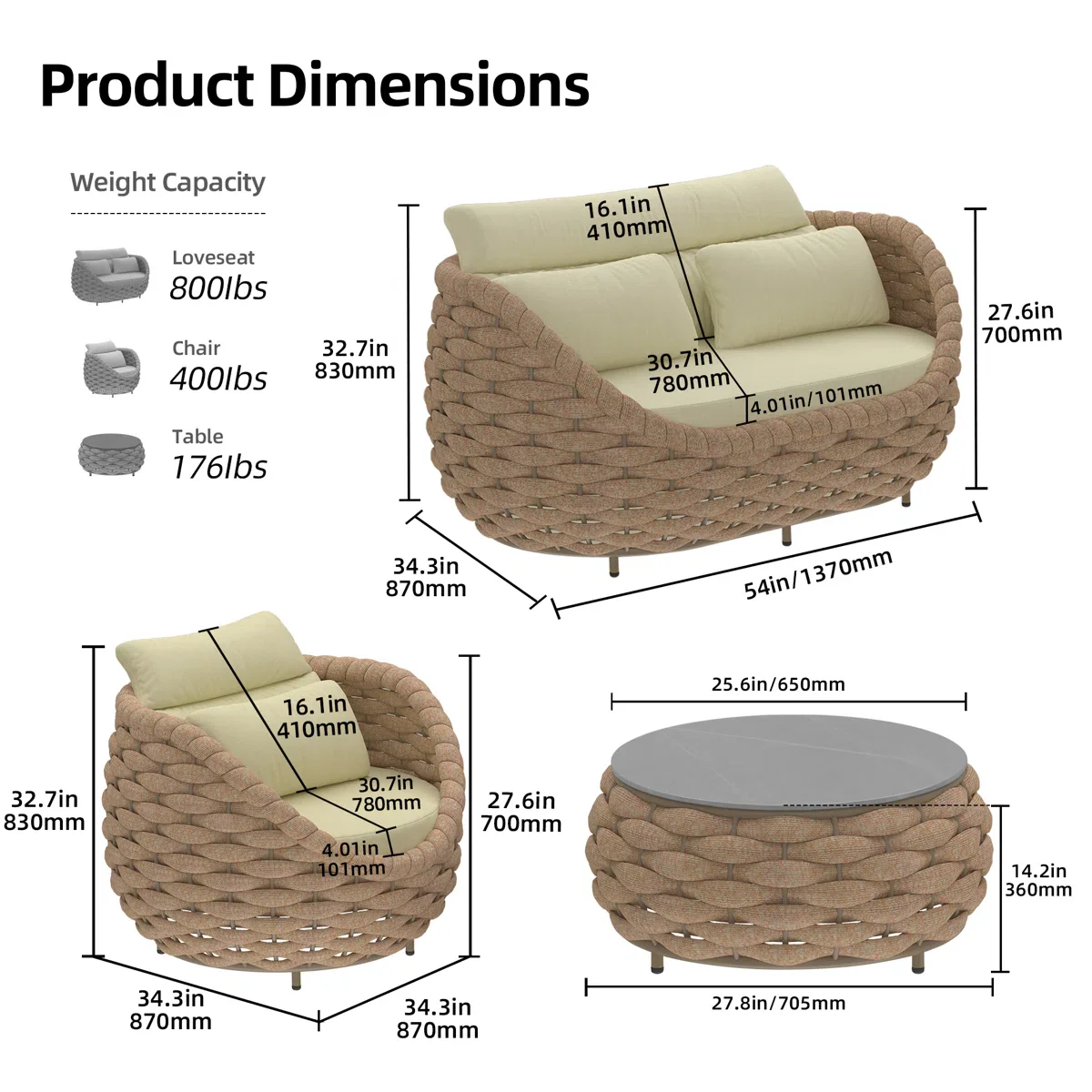 Equo Outdoor Sofa Set 2 Seater, 2 Single seater and 1 Center Table Braided & Rope - Image 8