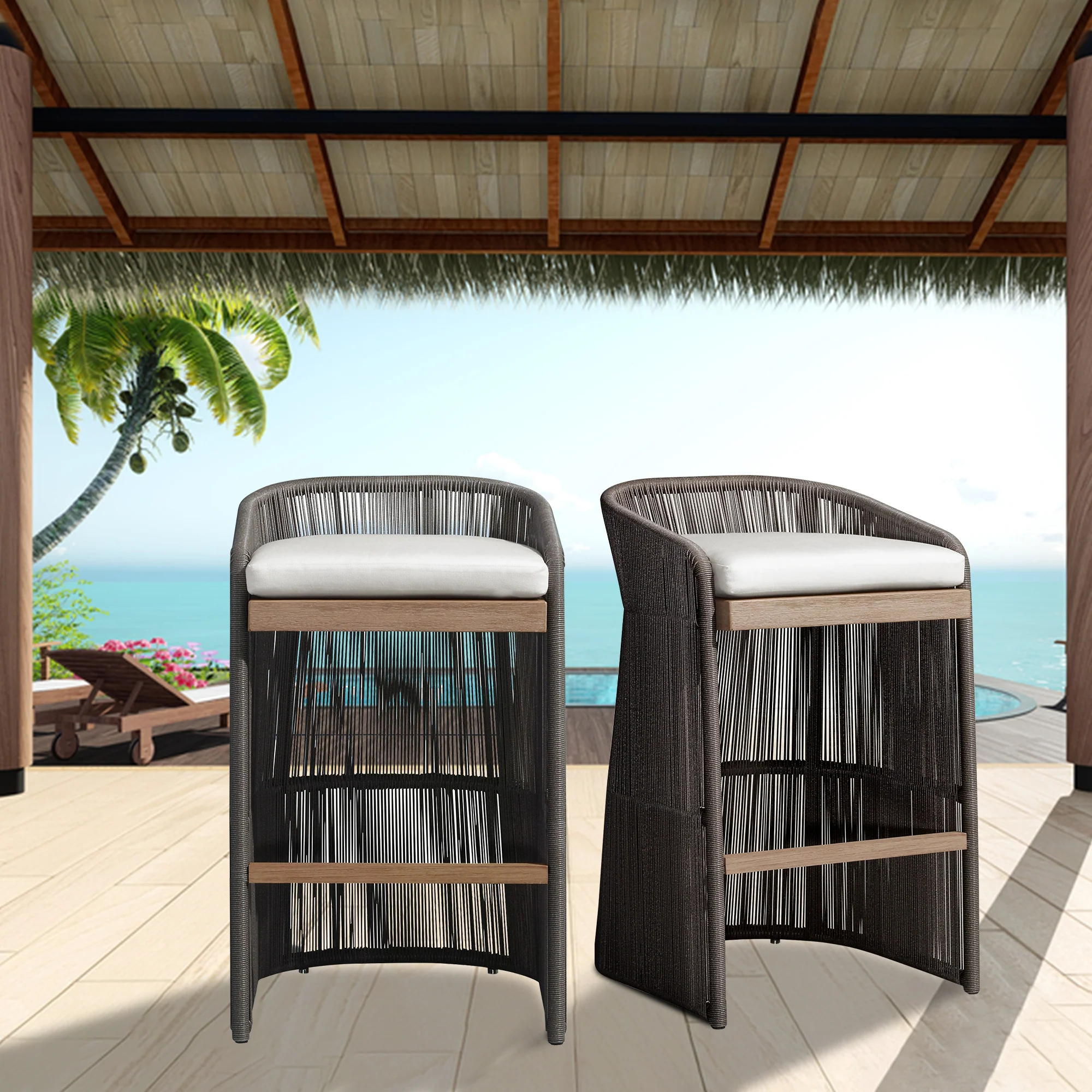 Erim Outdoor Patio Bar Chair 2 Chair For Balcony Braided & Rope - Image 2