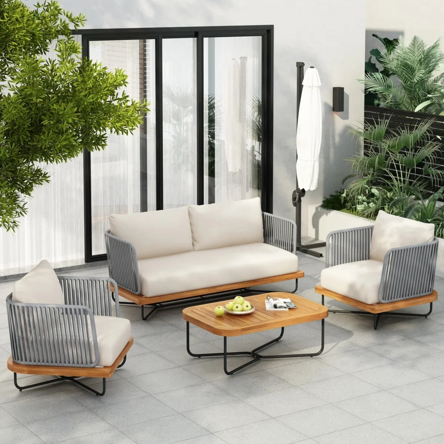 Eros Outdoor Garden Balcony Sofa Set 2 Seater , 2 Single Seater 1 Center Table Set Braided and Rope (Grey)