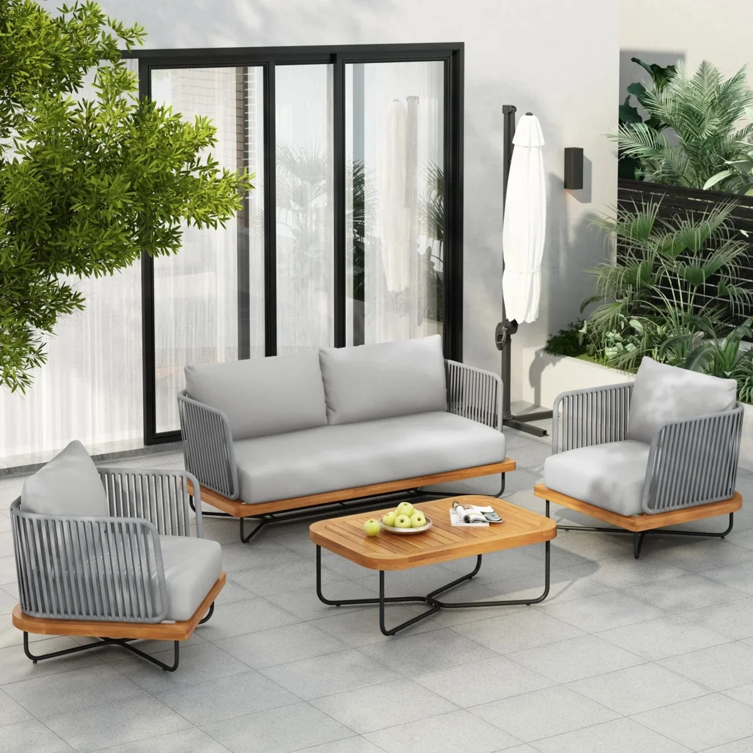Eros Outdoor Garden Balcony Sofa Set 2 Seater , 2 Single Seater 1 Center Table Set Braided and Rope (Grey) - Image 2