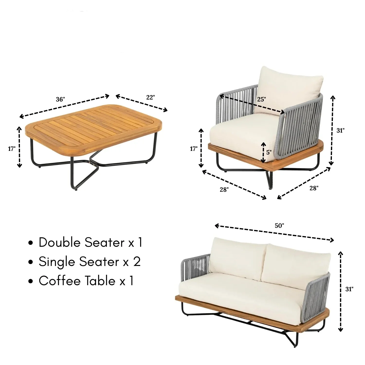 Eros Outdoor Garden Balcony Sofa Set 2 Seater , 2 Single Seater 1 Center Table Set Braided and Rope (Grey) - Image 3