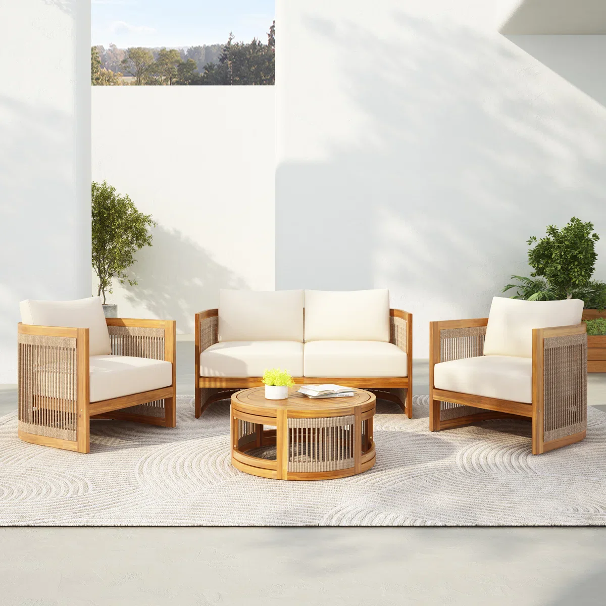 Exano Outdoor Sofa Set 2 Seater, 2 Single seater and 1 Center Table(Beige) Braided & Rope