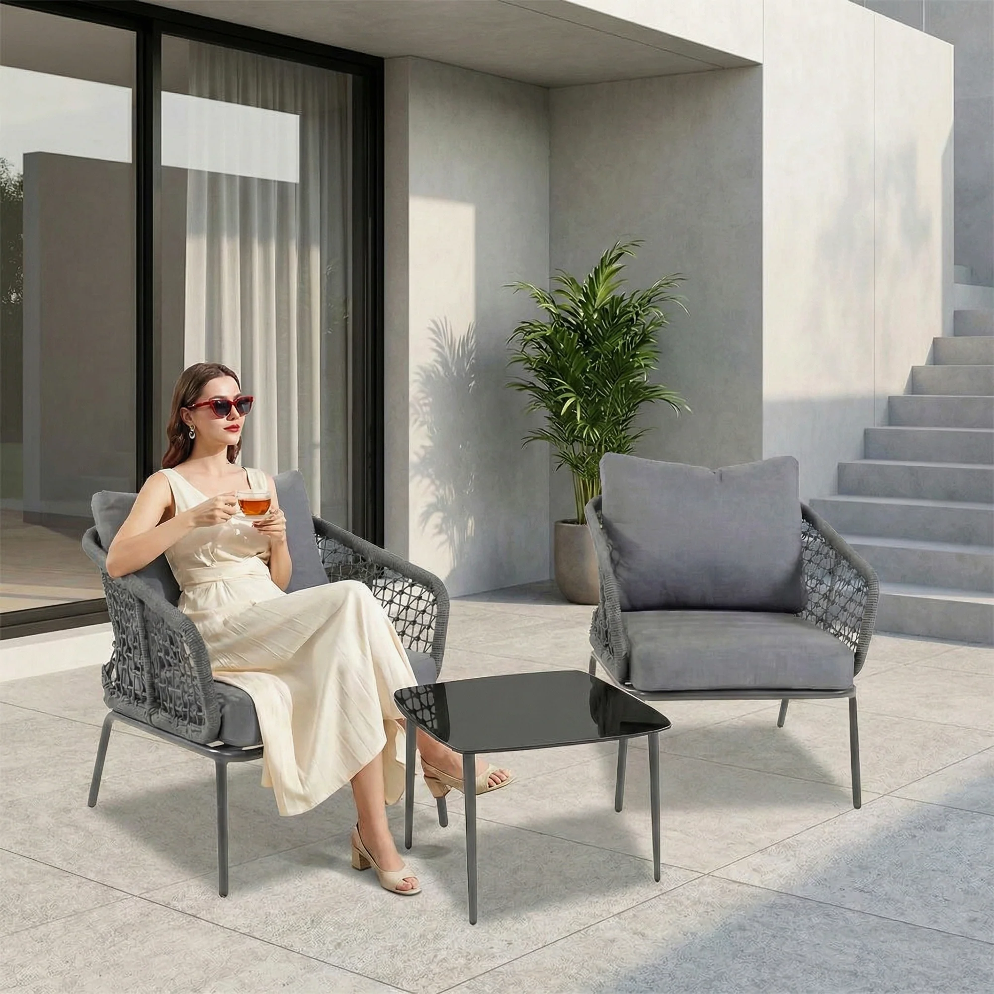 Filix Outdoor Patio Seating Set 2 Chairs and 1 Table Set (Grey) Braided & Rope - Image 2