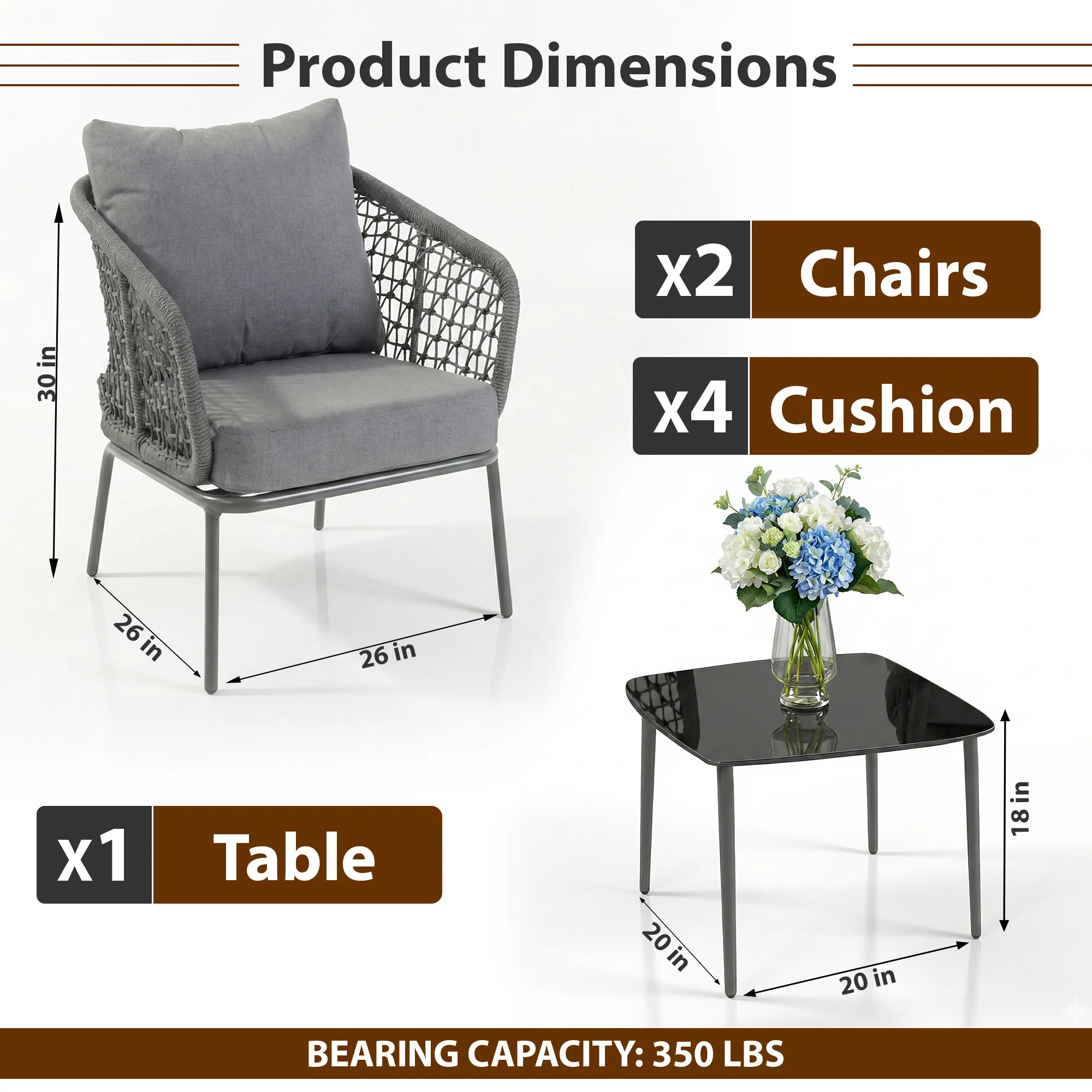 Filix Outdoor Patio Seating Set 2 Chairs and 1 Table Set (Grey) Braided & Rope - Image 3