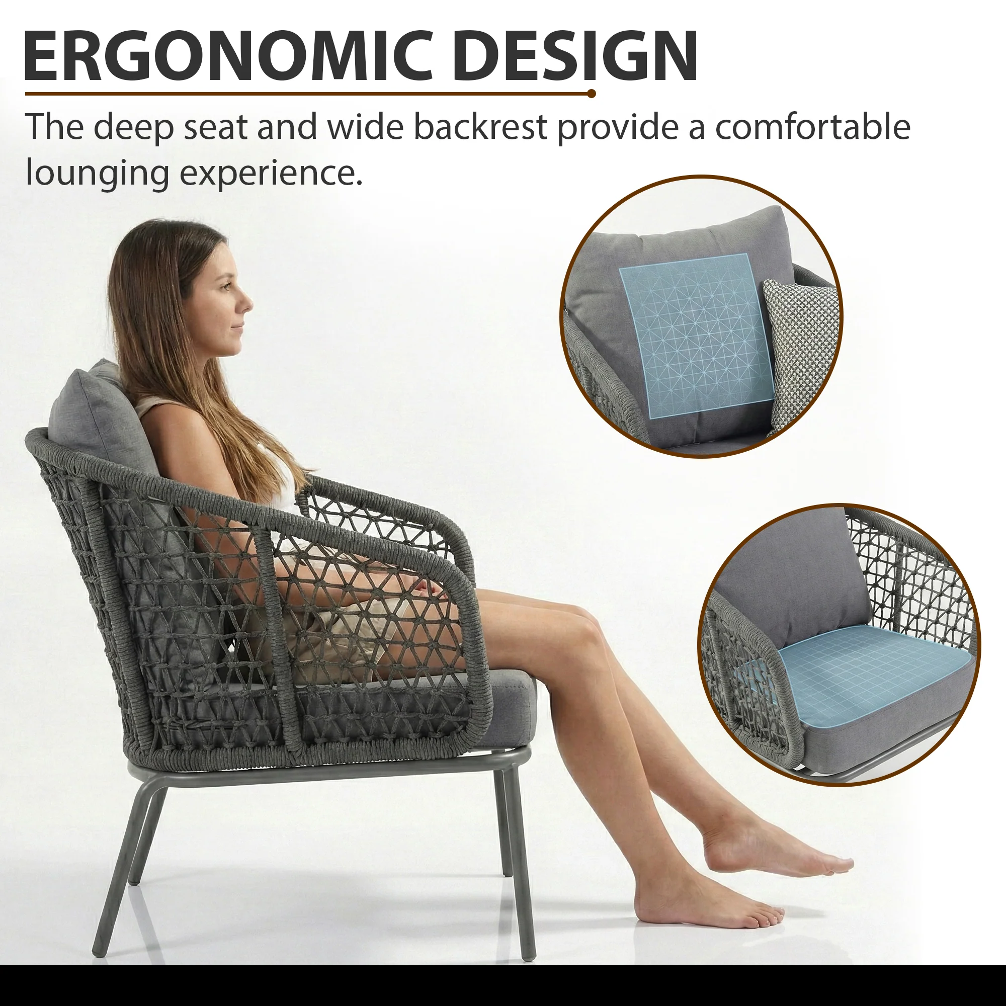 Filix Outdoor Patio Seating Set 2 Chairs and 1 Table Set (Grey) Braided & Rope - Image 4