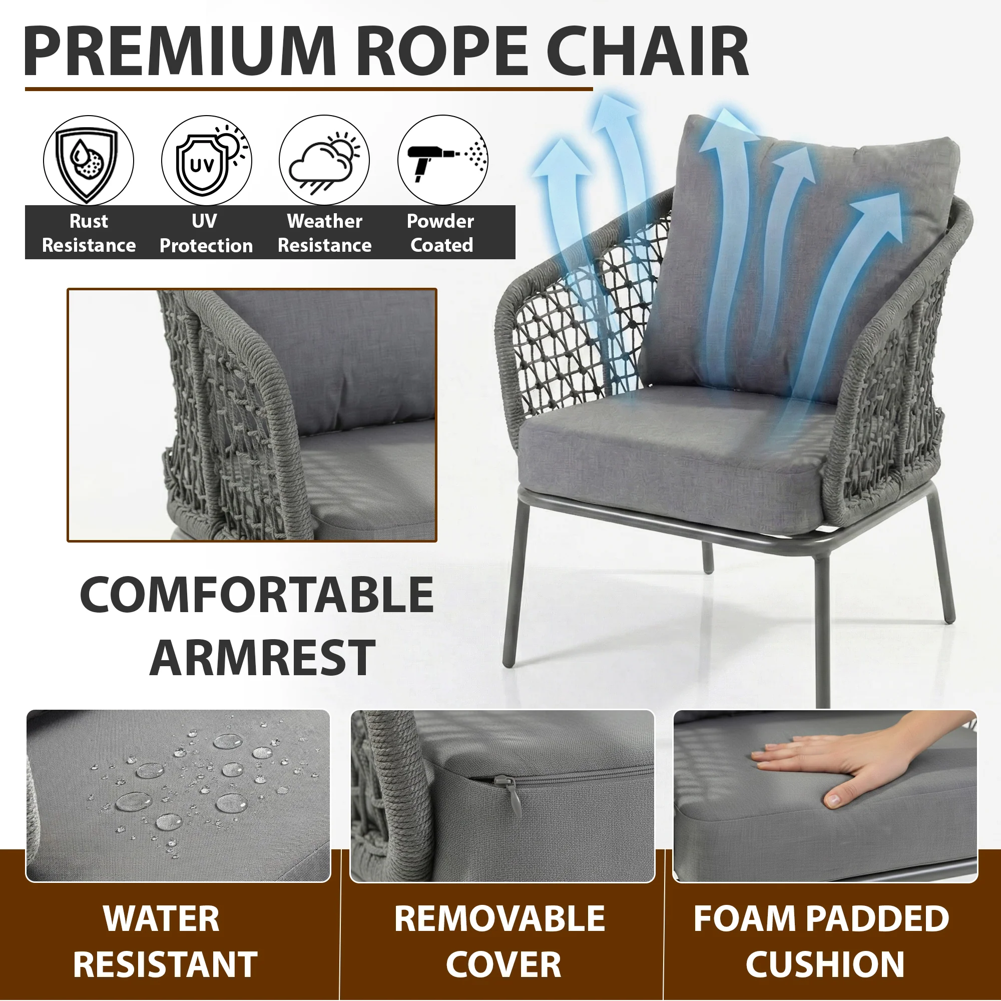 Filix Outdoor Patio Seating Set 2 Chairs and 1 Table Set (Grey) Braided & Rope - Image 5
