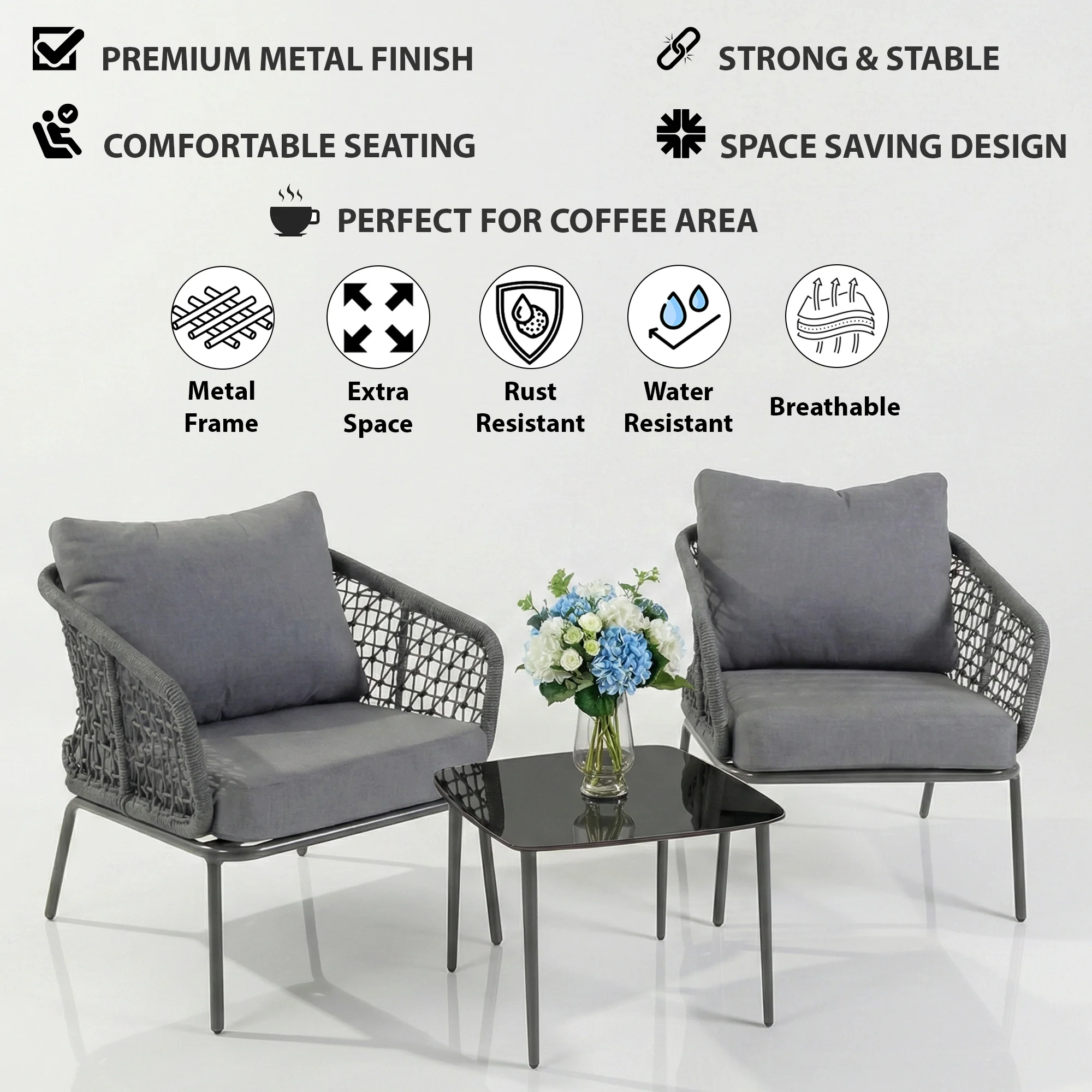 Filix Outdoor Patio Seating Set 2 Chairs and 1 Table Set (Grey) Braided & Rope - Image 7