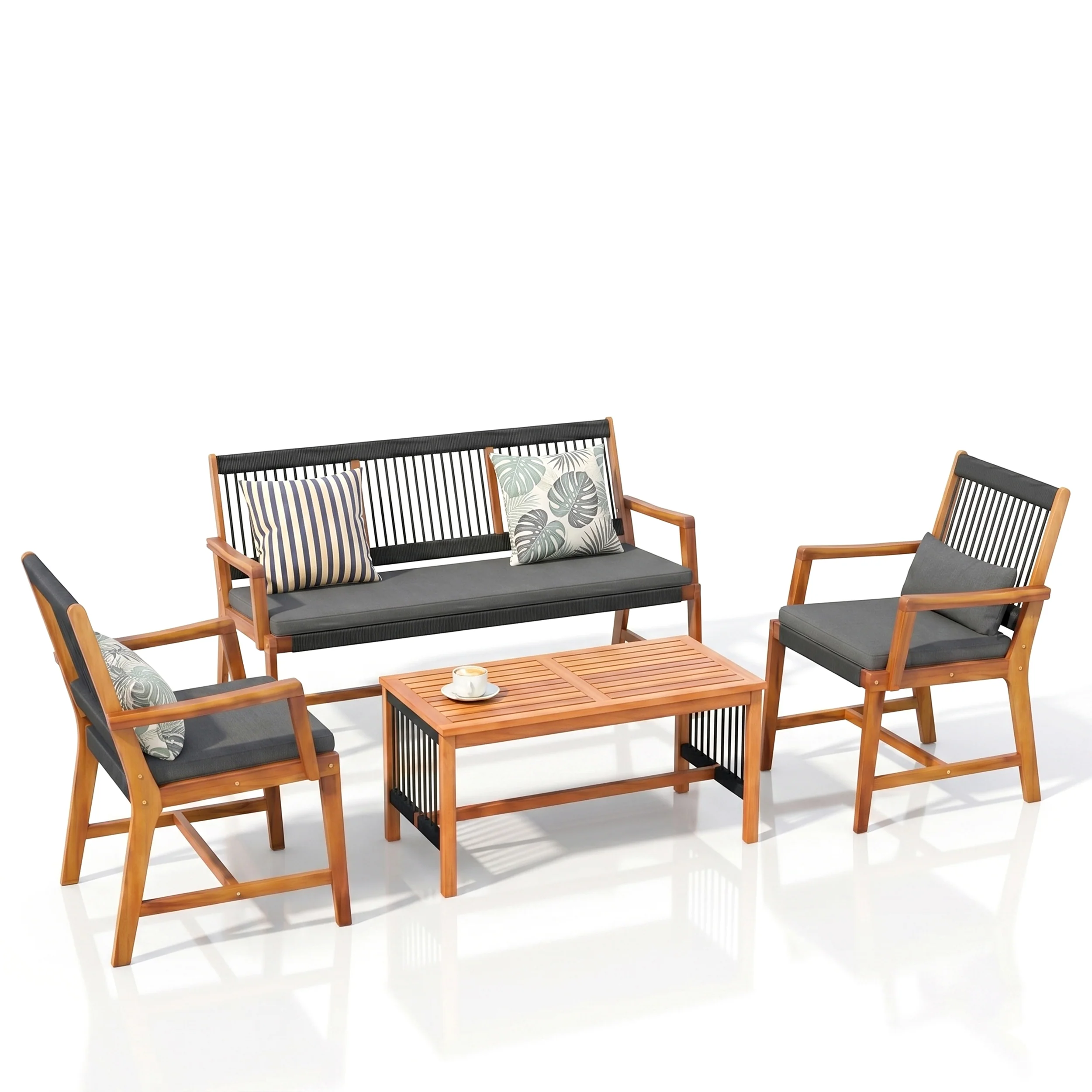 Folk Outdoor Garden Balcony Sofa Set 2 Seater , 2 Single Seater 1 Center Table Set (Black) Braided and Rope - Image 3