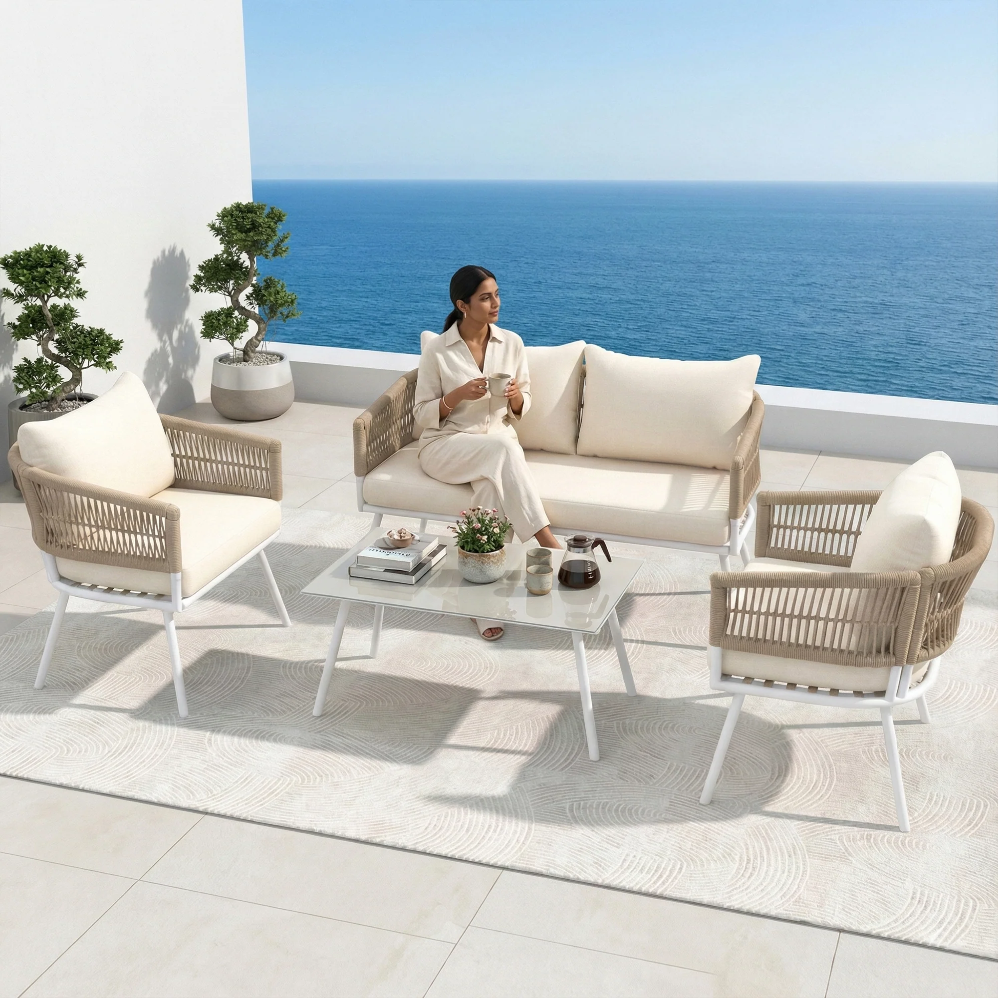 Frias Outdoor Sofa Set 2 Seater, 2 Single seater and 1 Center Table Braided & Rope - Image 4