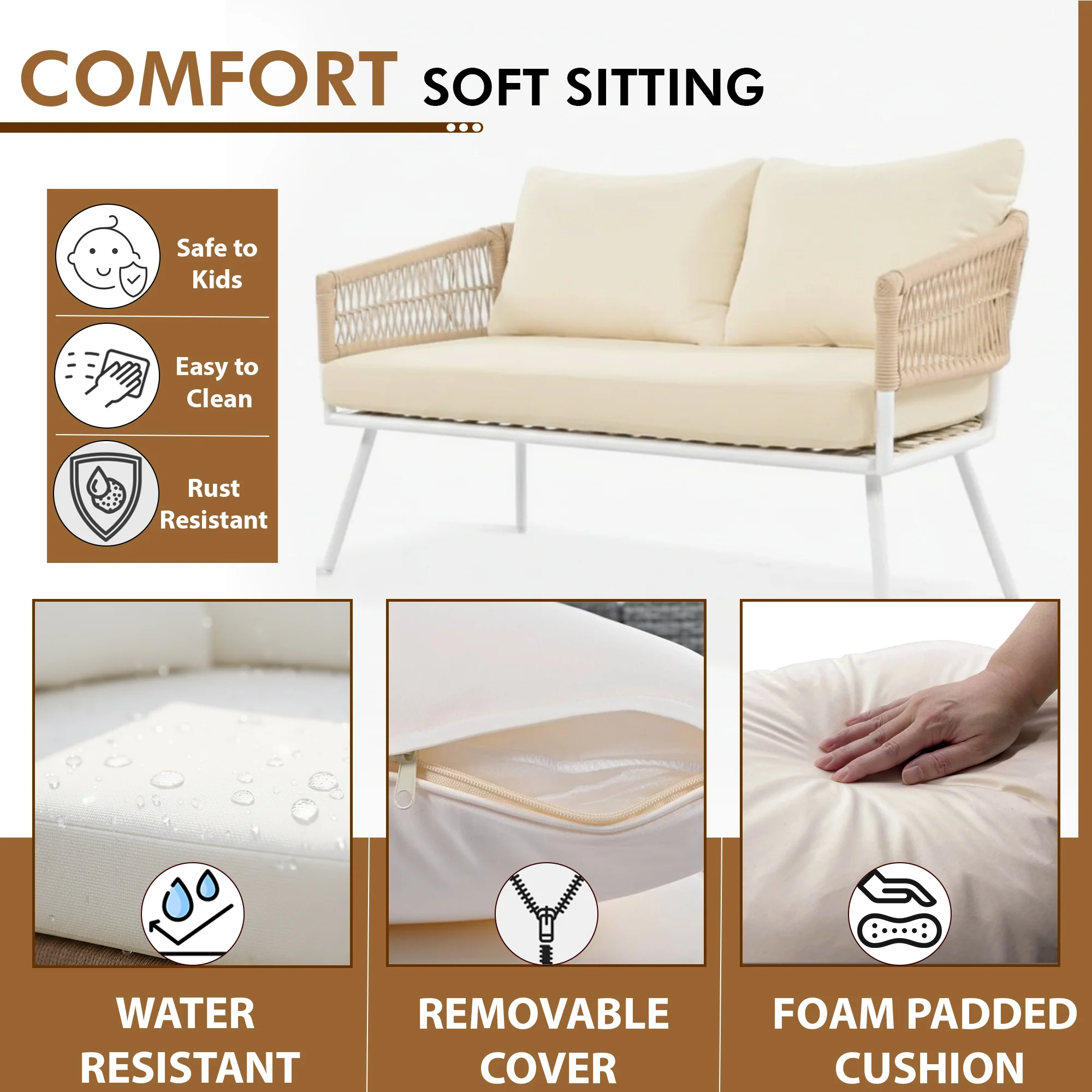 Frias Outdoor Sofa Set 2 Seater, 2 Single seater and 1 Center Table Braided & Rope - Image 5