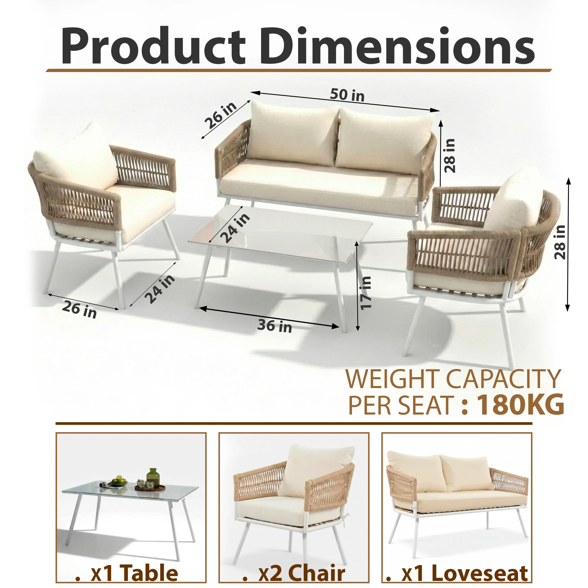 Frias Outdoor Sofa Set 2 Seater, 2 Single seater and 1 Center Table Braided & Rope - Image 9
