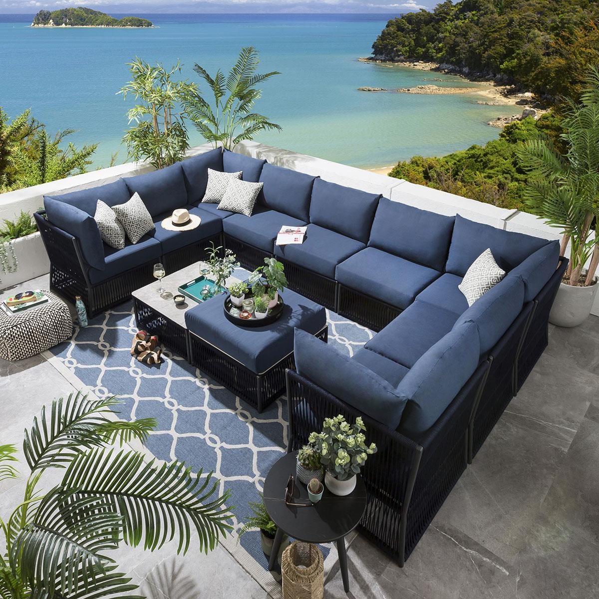 Griselda Outdoor Sofa Set 9 Seater, 1 Ottoman and 1 Center Table Set Braided & Rope