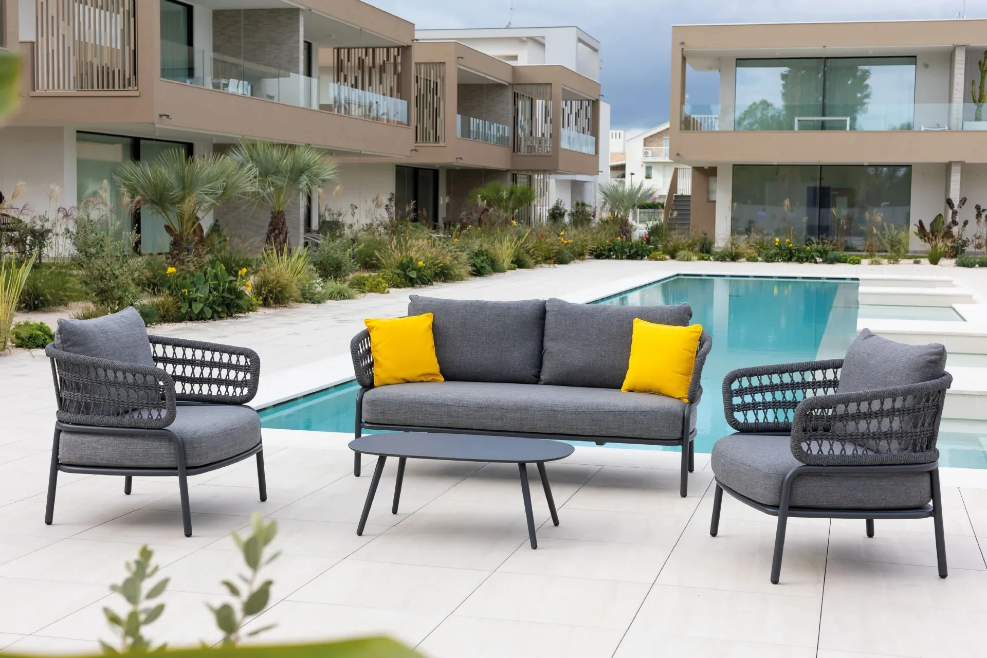 Hauwa Outdoor Garden Balcony Sofa Set 2 Seater , 2 Single Seater 1 Center Table Set Braid & Rope