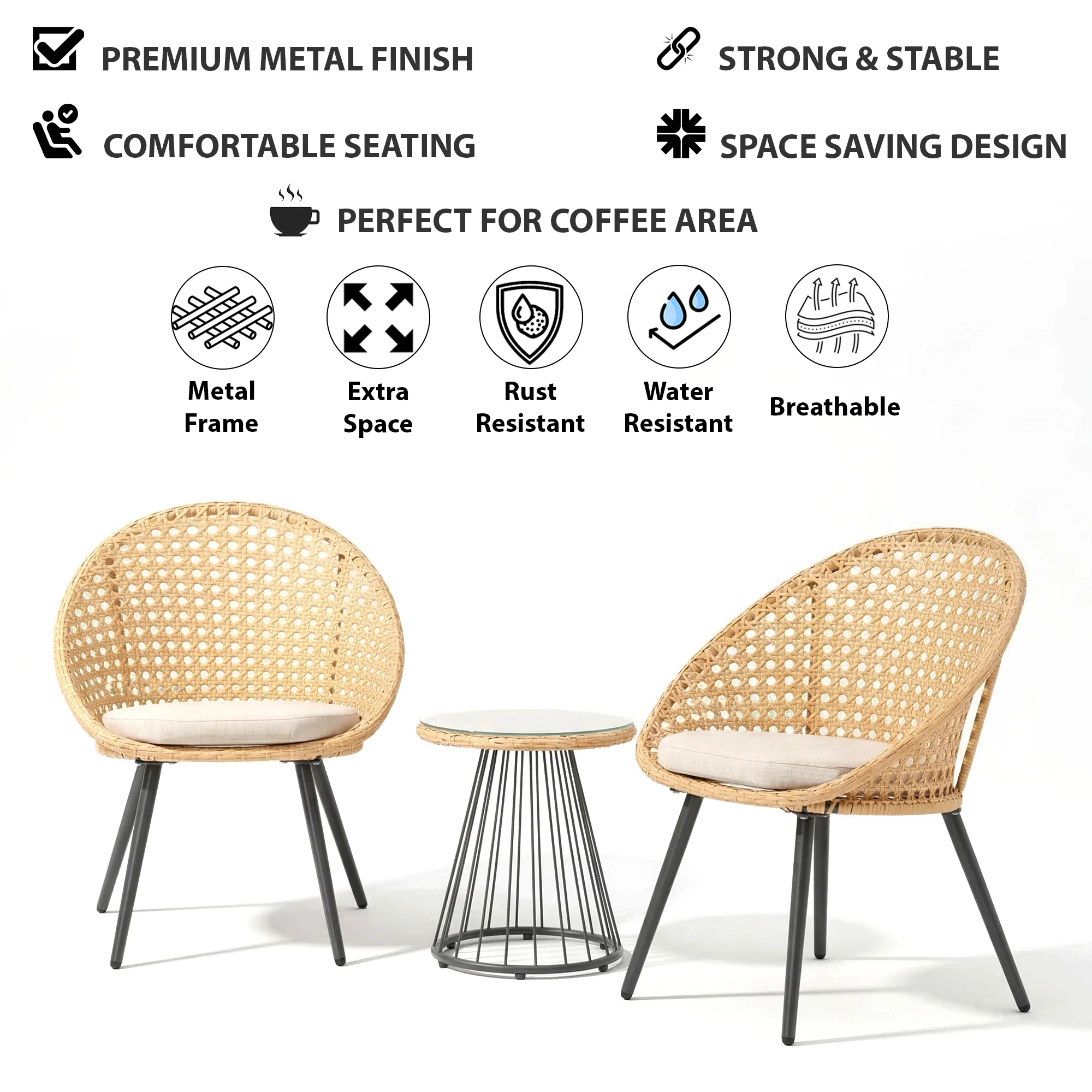 Hell Outdoor Patio Seating Set 2 Chairs and 1 Table Set (Tan + White) - Image 7