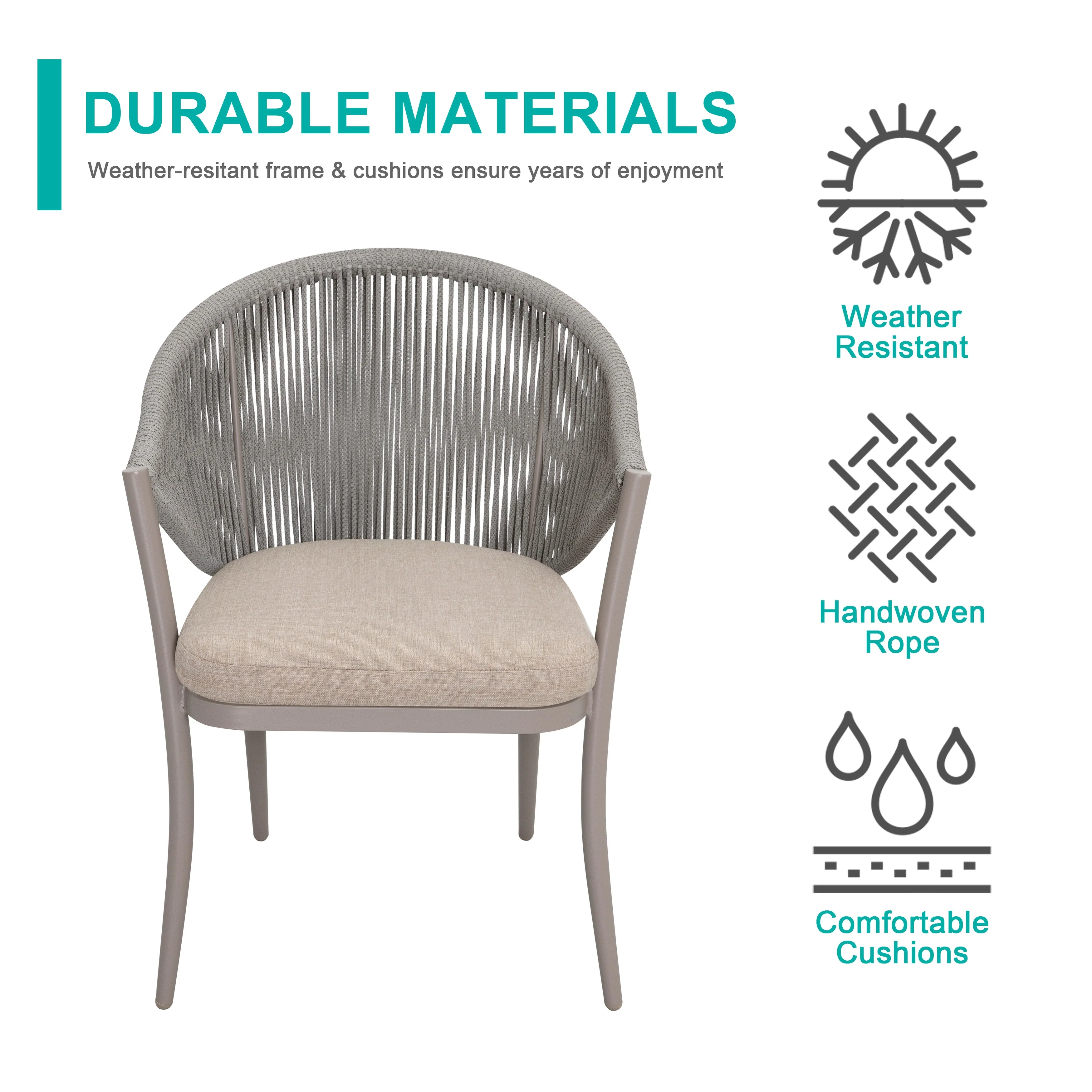 Detect Outdoor Patio Seating Set 2 Chairs and 1 Table Set (Grey) Braided & Rope - Image 15