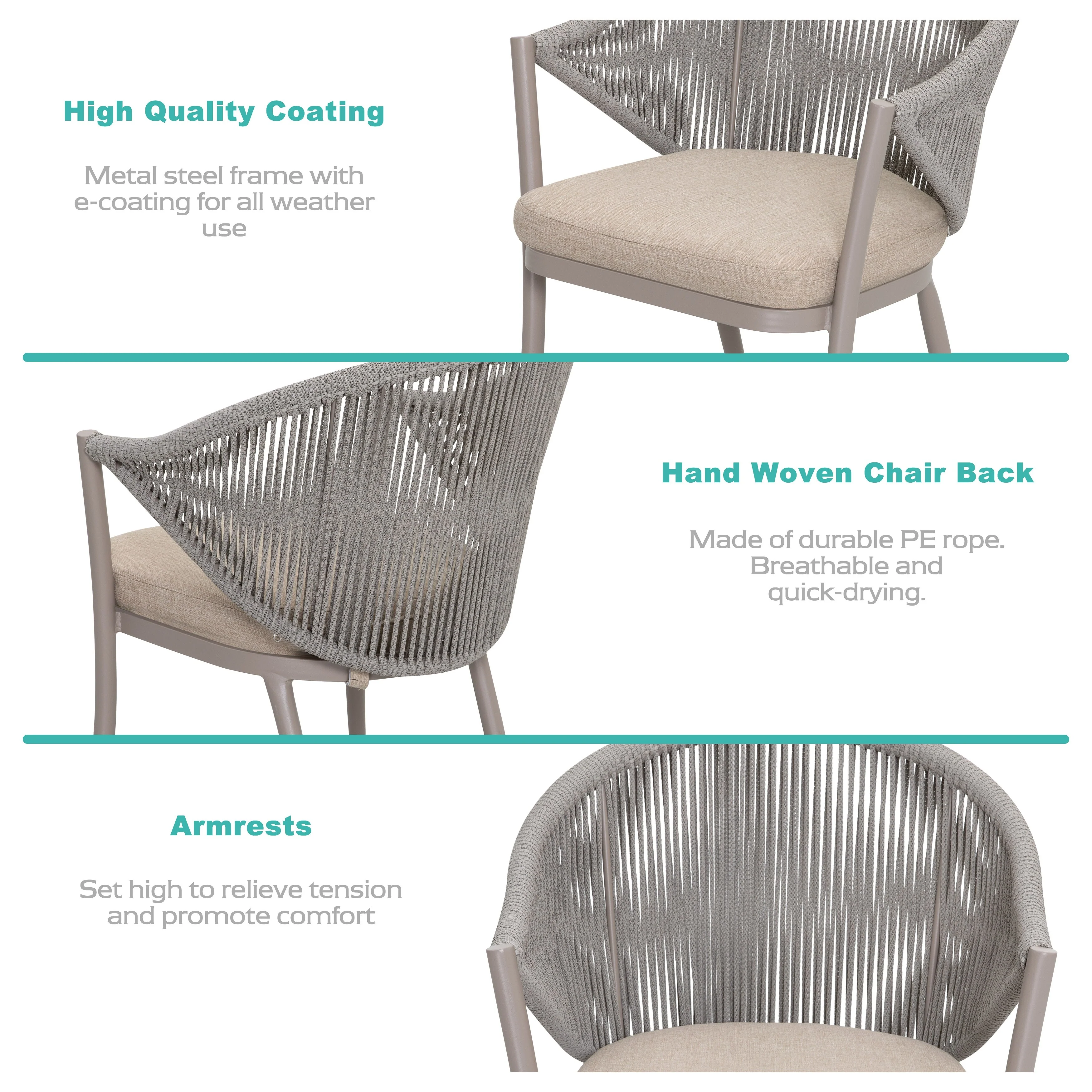 Detect Outdoor Patio Seating Set 2 Chairs and 1 Table Set (Grey) Braided & Rope - Image 16