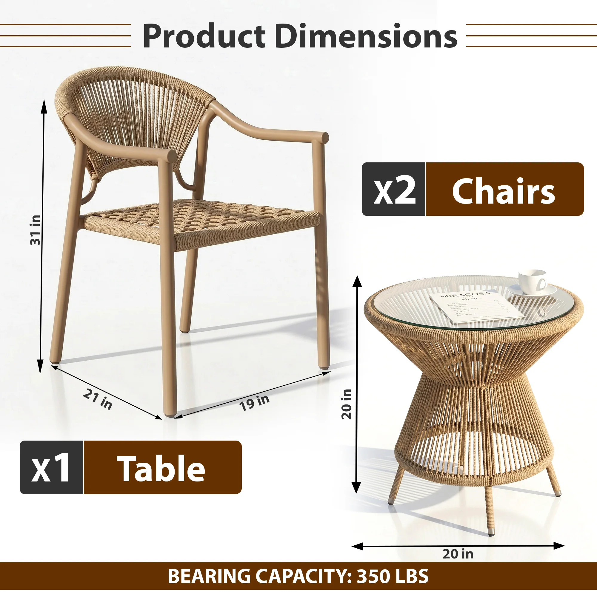 Ikra Outdoor Patio Seating Set 2 Chairs and 1 Table Set (Beige) Braided & Rope - Image 3
