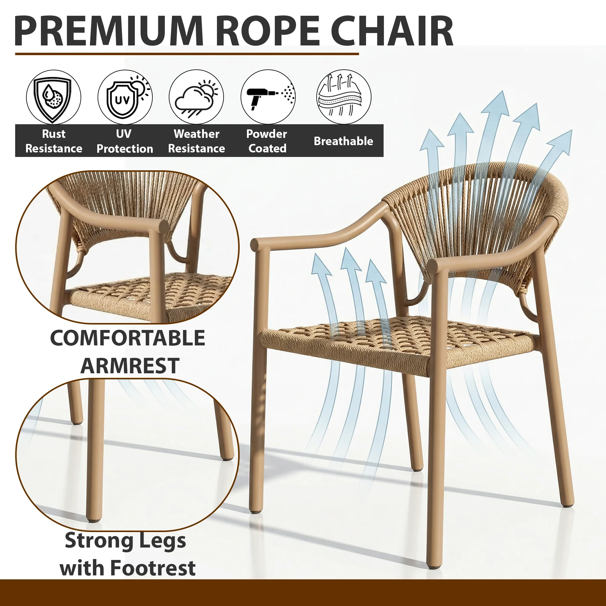 Ikra Outdoor Patio Seating Set 2 Chairs and 1 Table Set (Beige) Braided & Rope - Image 5