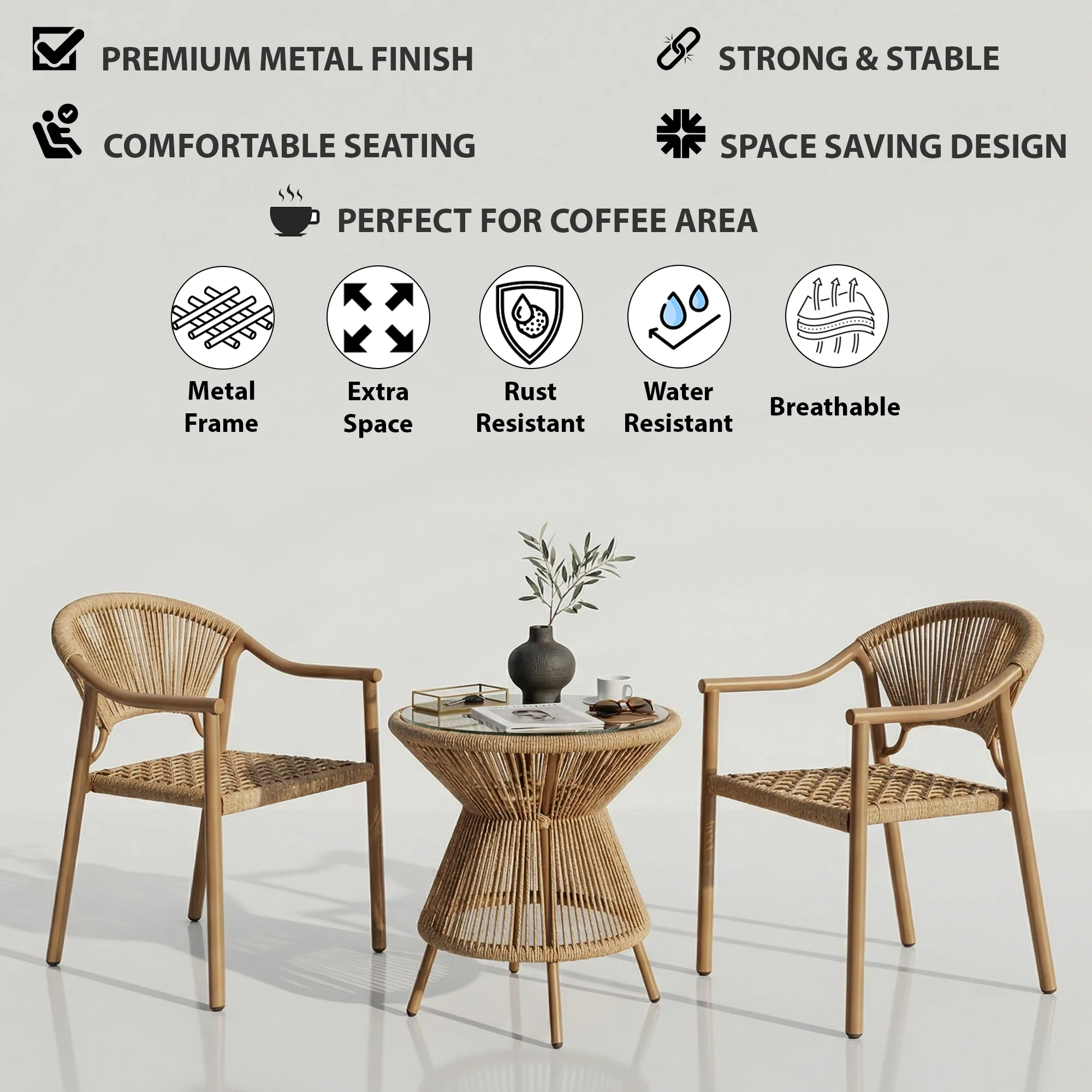 Ikra Outdoor Patio Seating Set 2 Chairs and 1 Table Set (Beige) Braided & Rope - Image 7