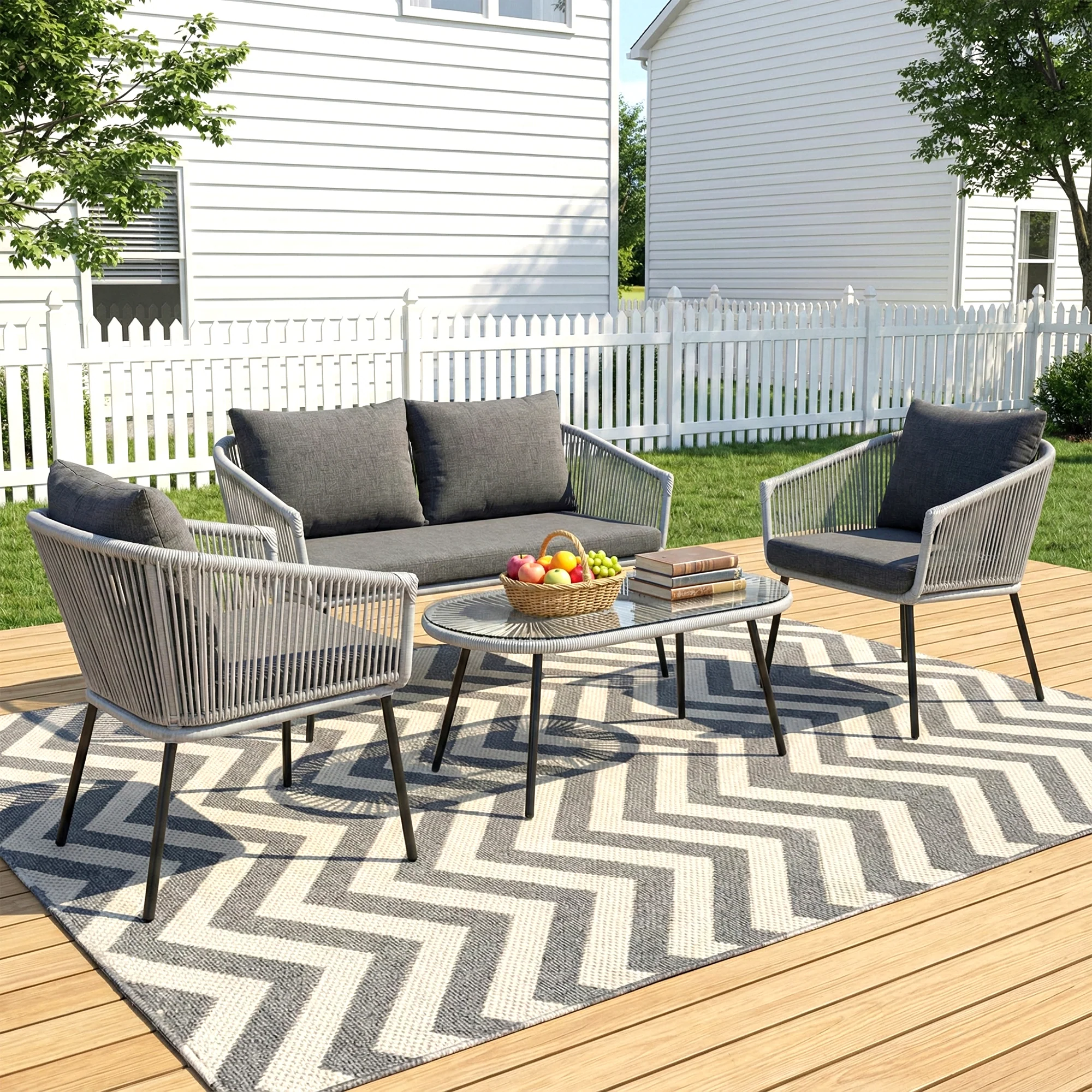 Jara Outdoor Garden Balcony Sofa Set 2 Seater , 2 Single Seater 1 Center Table Set (Grey) Braided and Rope - Image 2