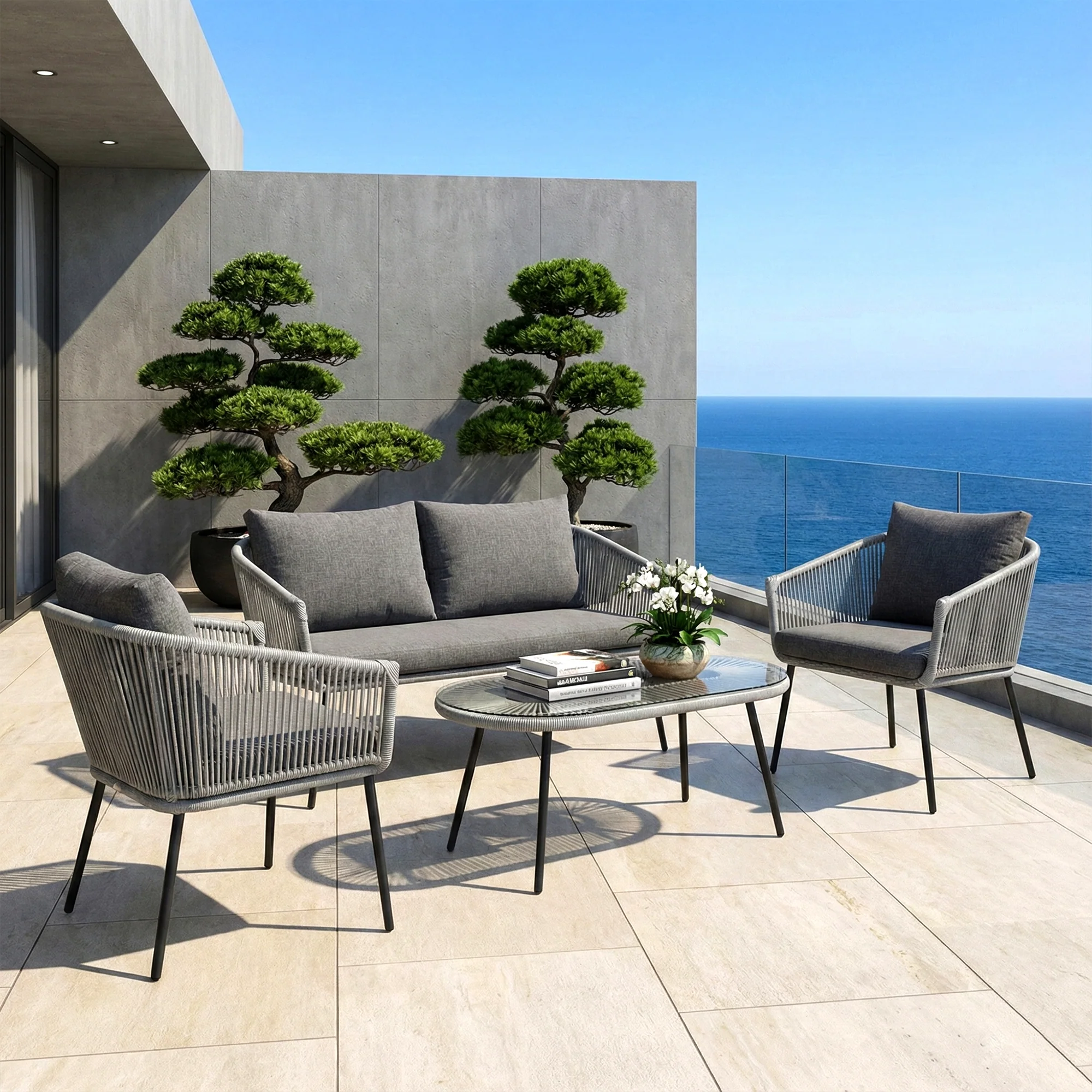 Jara Outdoor Garden Balcony Sofa Set 2 Seater , 2 Single Seater 1 Center Table Set (Grey) Braided and Rope - Image 3