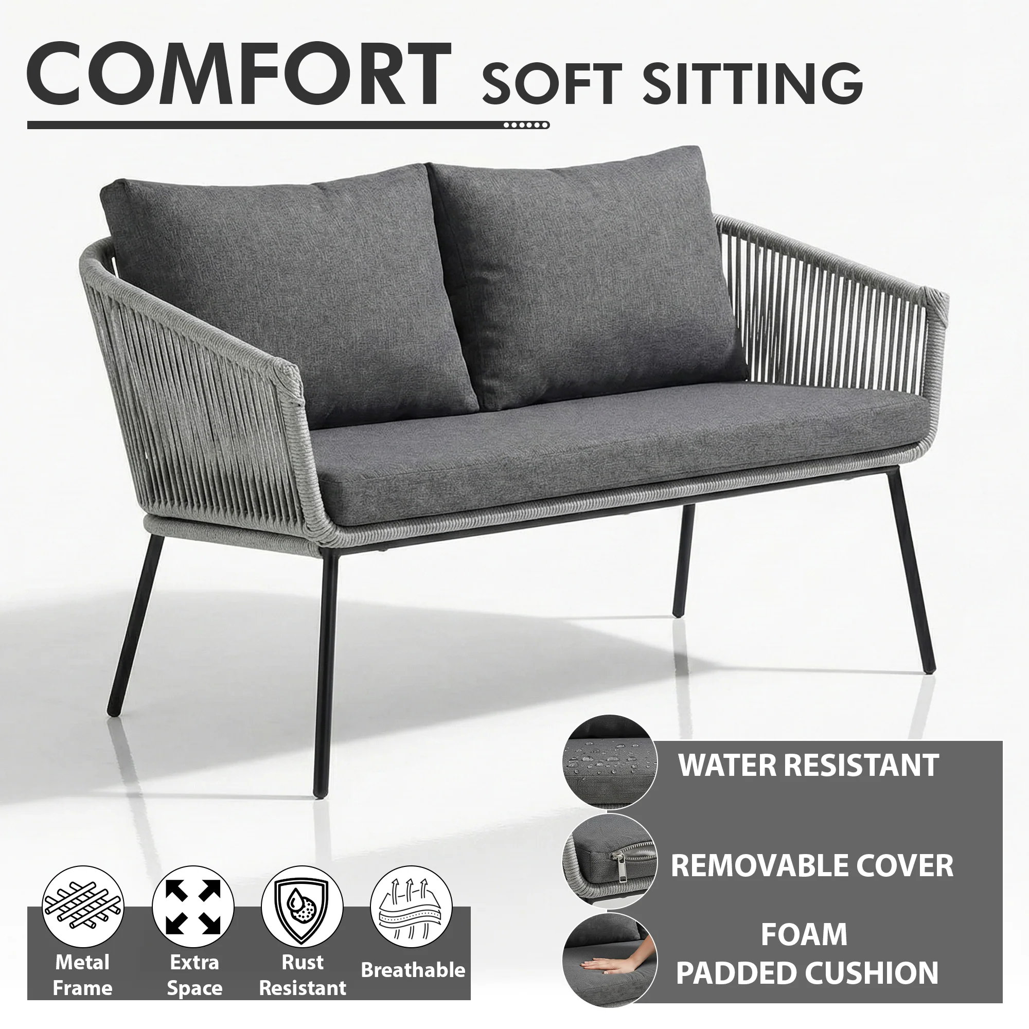 Jara Outdoor Garden Balcony Sofa Set 2 Seater , 2 Single Seater 1 Center Table Set (Grey) Braided and Rope - Image 4