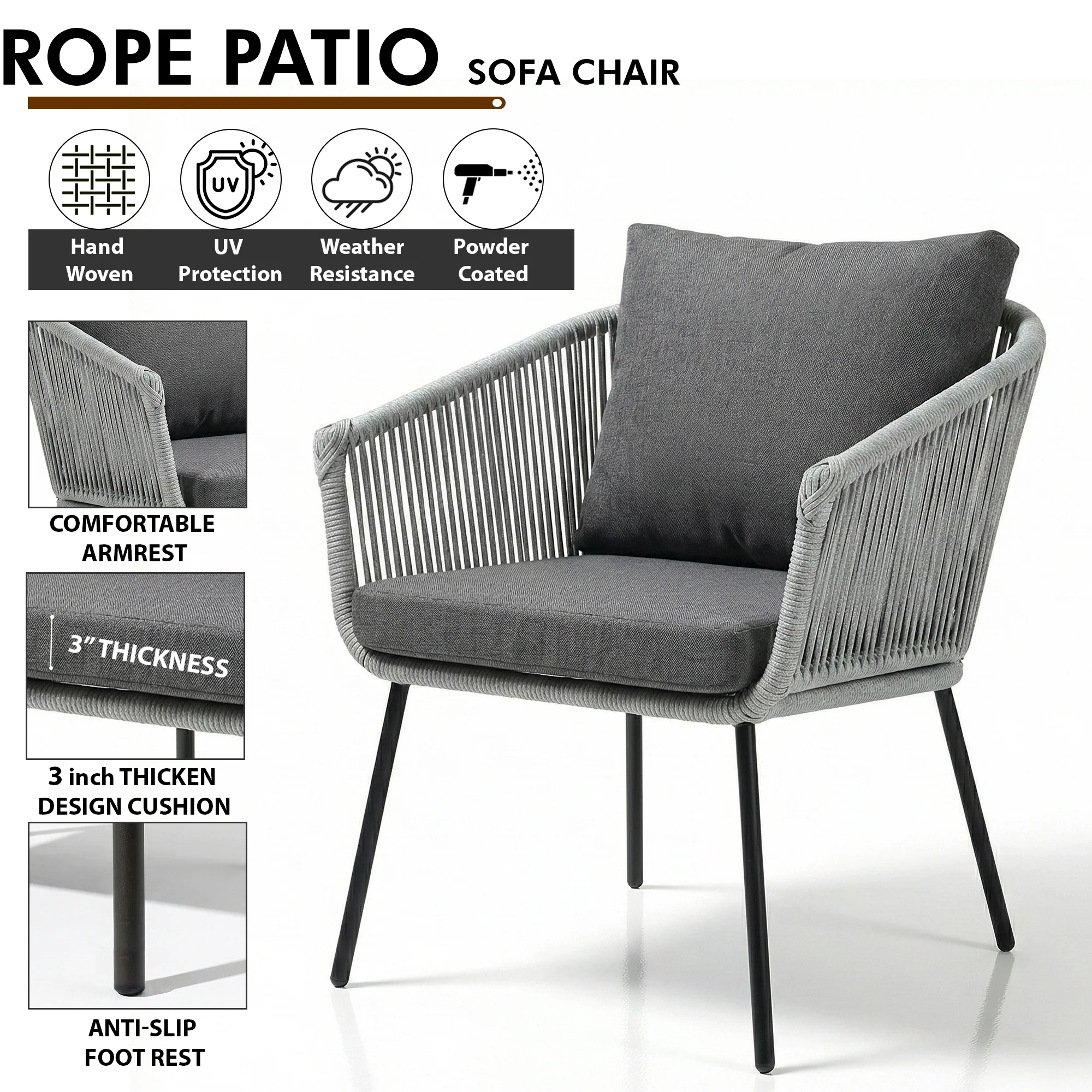 Jara Outdoor Garden Balcony Sofa Set 2 Seater , 2 Single Seater 1 Center Table Set (Grey) Braided and Rope - Image 5