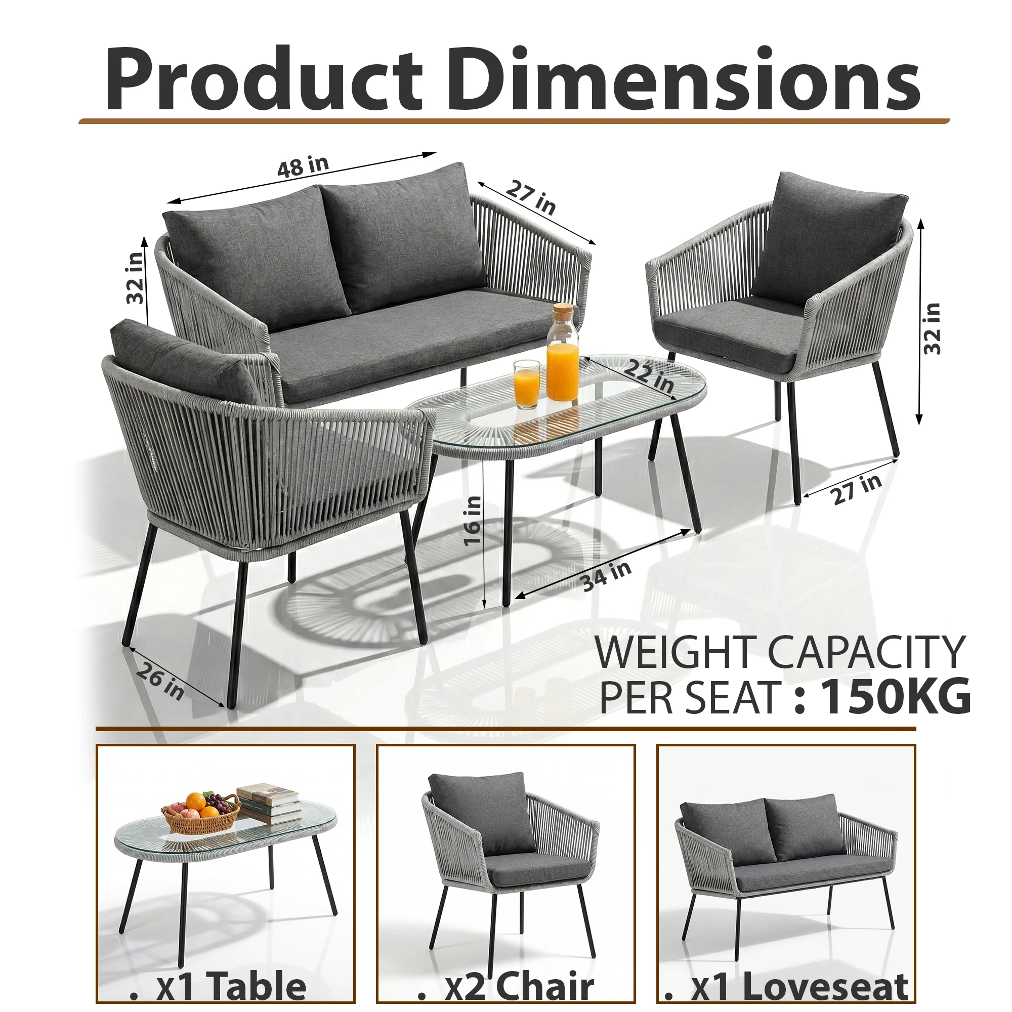 Jara Outdoor Garden Balcony Sofa Set 2 Seater , 2 Single Seater 1 Center Table Set (Grey) Braided and Rope - Image 8