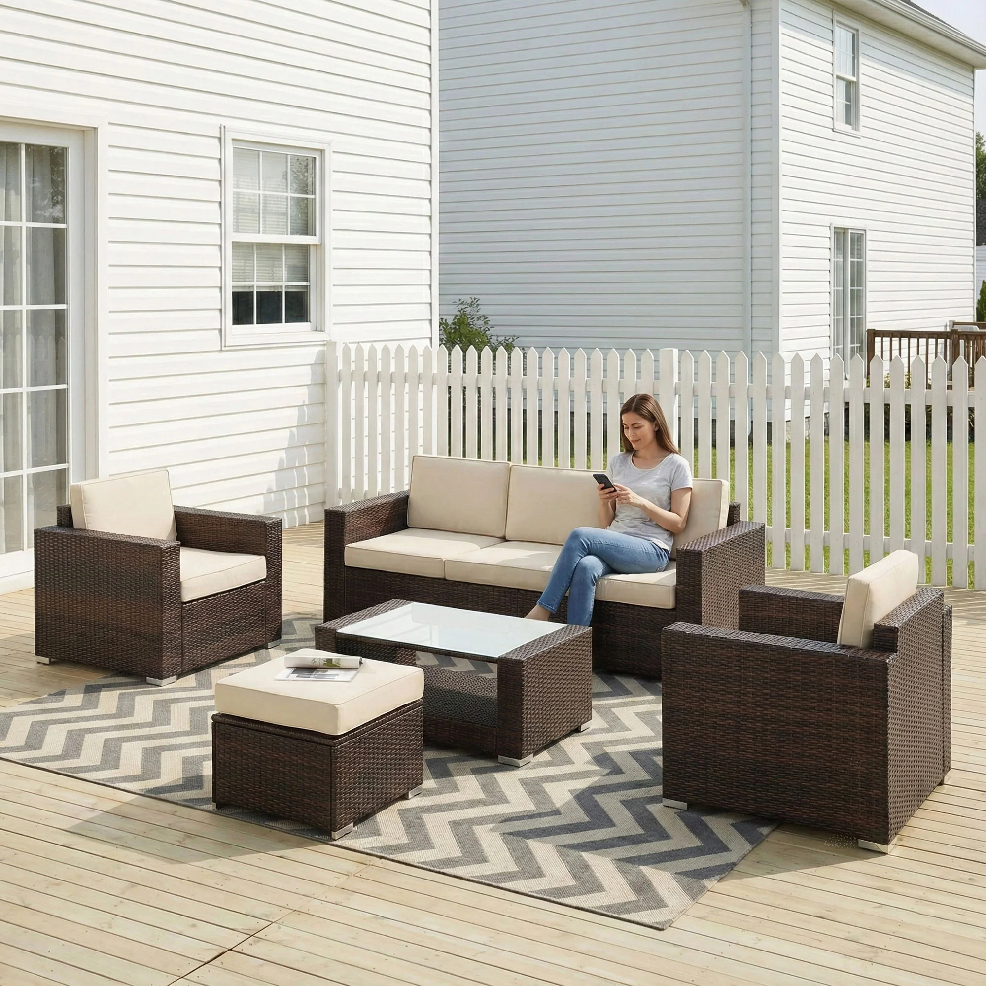 Jovis Outdoor Garden Balcony Sofa Set 3 Seater, 2 Single seater With 1 Ottoman and 1 Center Table Set (Brown) - Image 2