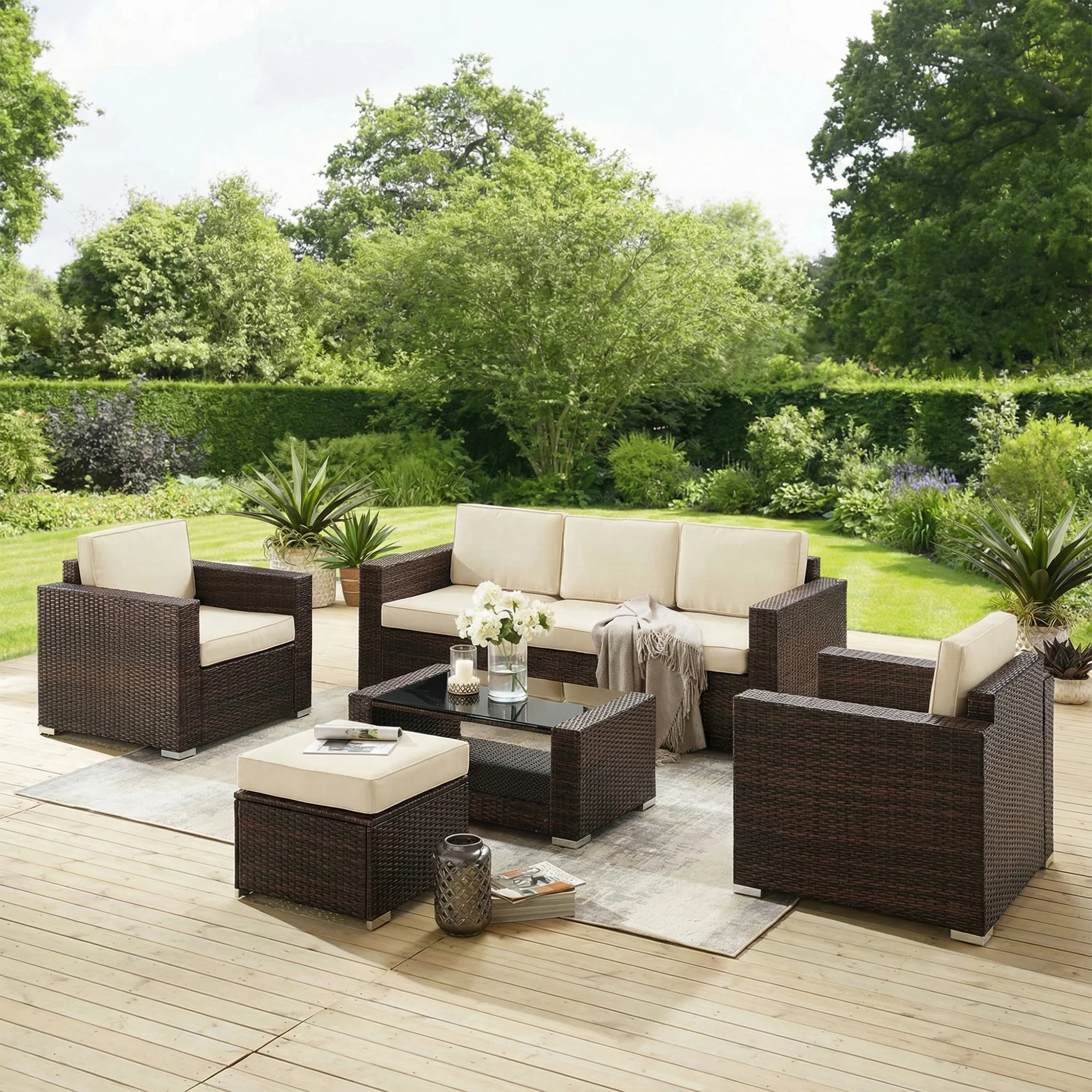 Jovis Outdoor Garden Balcony Sofa Set 3 Seater, 2 Single seater With 1 Ottoman and 1 Center Table Set (Brown) - Image 3