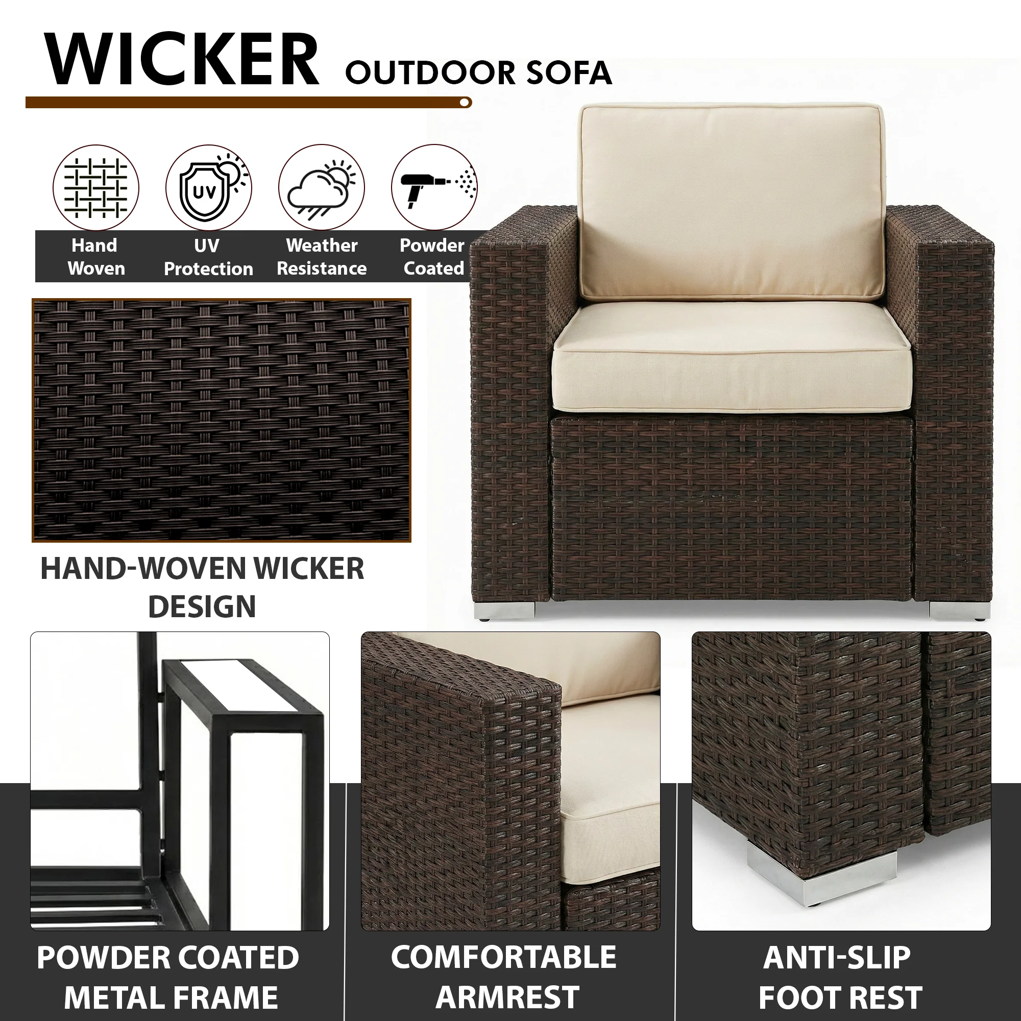 Jovis Outdoor Garden Balcony Sofa Set 3 Seater, 2 Single seater With 1 Ottoman and 1 Center Table Set (Brown) - Image 5