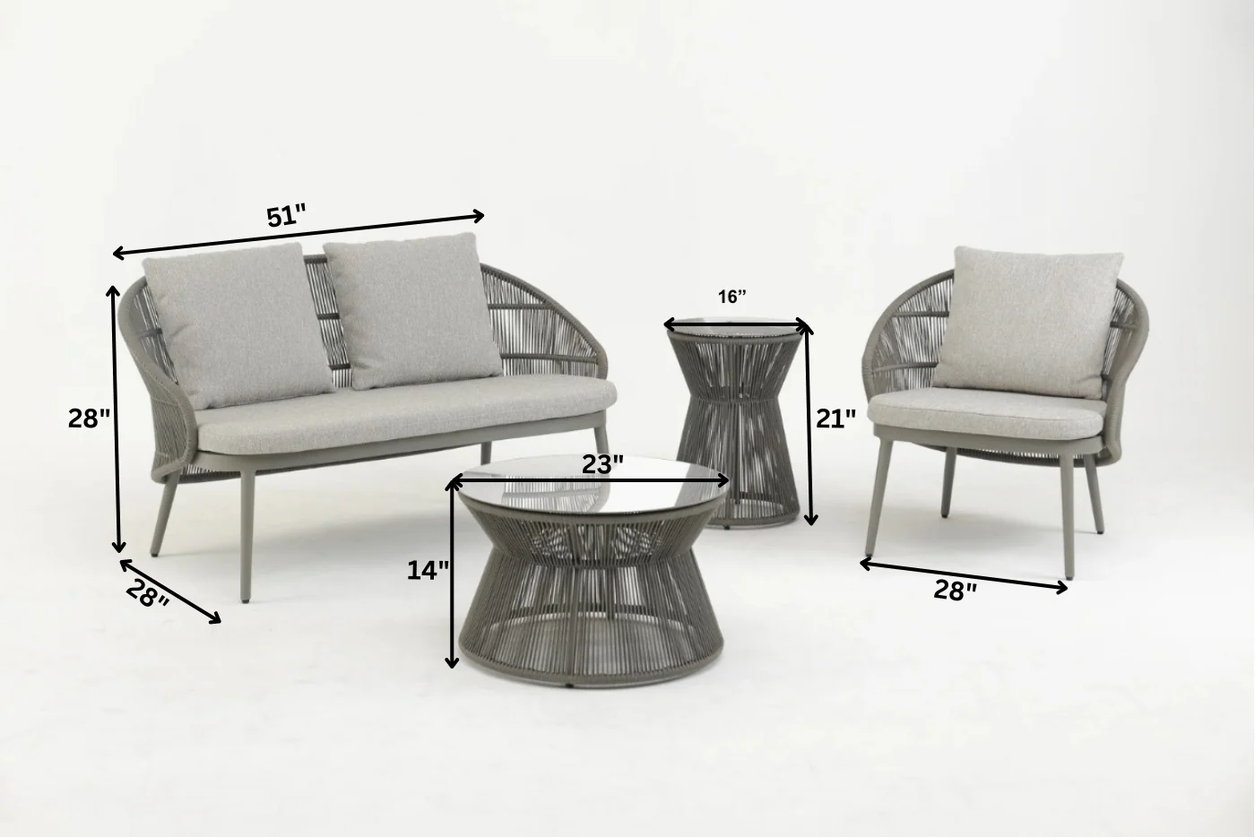 Juanito Outdoor Sofa Set 2 Seater, 1 Single Seater, 1 Side Table and 1 Center Table Set (Grey) Braided & Rope - Image 2